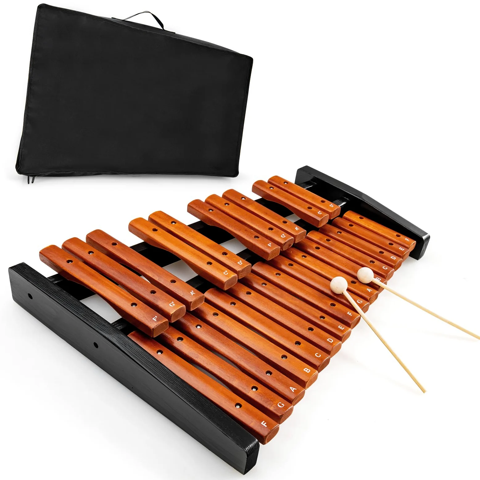 KOMFOTTEU Xilofono 25 note in legno, con 2 bacchette, strumento a percussione a mano, con custodia per il trasporto, strumento musicale per bambini e adulti