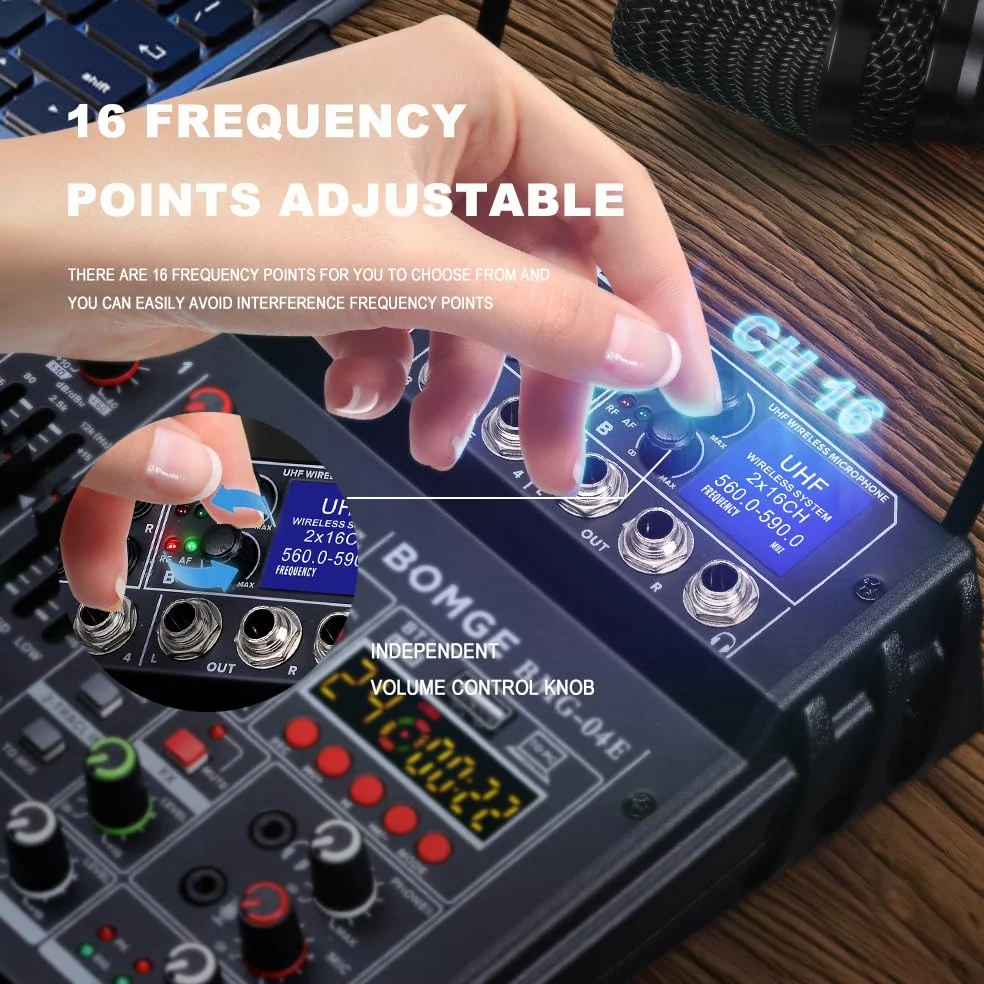 BOMGE Mixer audio karaoke 04E, mixer a 4 canali con doppio microfono wireless UHF, console audio MP3, Bluetooth 48 V, alimentazione phantom, interfaccia audio USB, mixaggio per DJ per feste, computer,