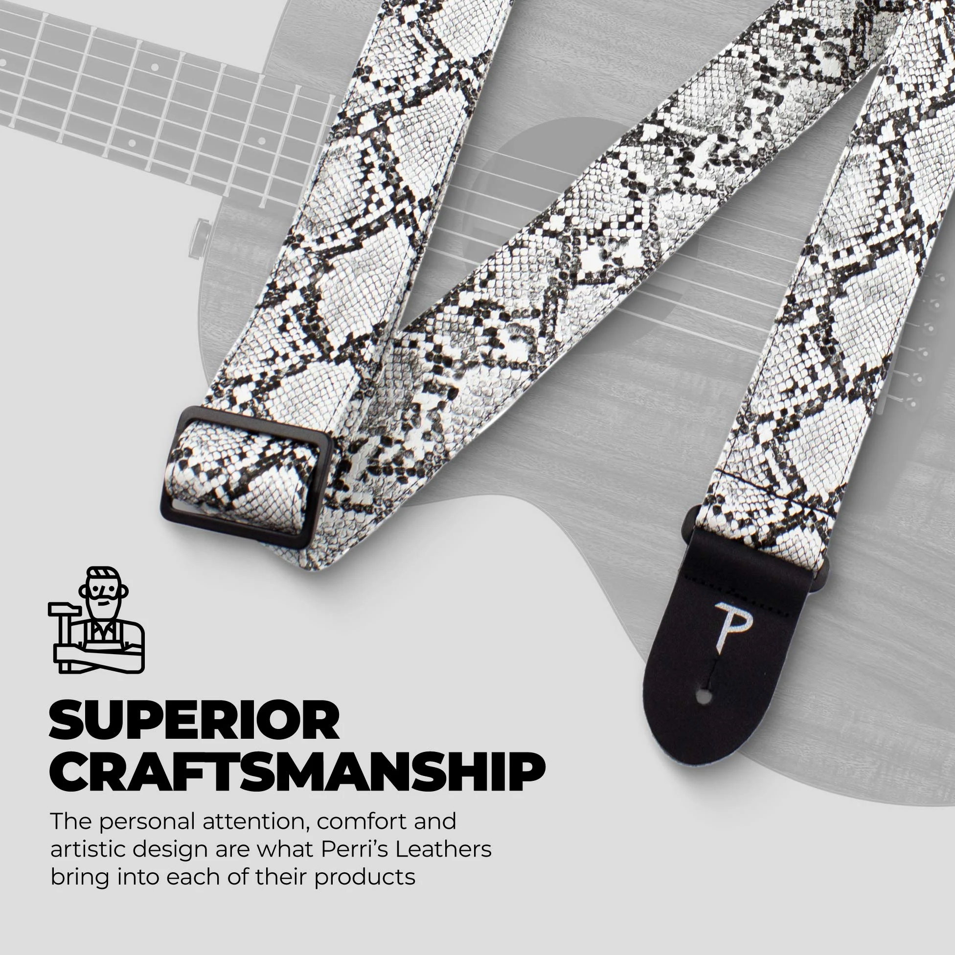 Perri's Leathers Ltd. - Tracolla per Chitarra - Finta Pelle di Serpente - Bianca - Regolabile - Per Chitarre Acustiche/Elettriche/Bassi - Fabbricata in Canada (VGS-7552)
