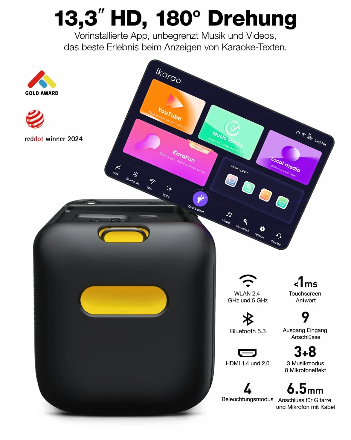 Ikarao Break X1 Macchina Karaoke con Schermo Touch 13,3", Altoparlante Bluetooth 800W, 2 Microfoni Wireless e Luci LED – Perfetta per Feste, Serate in Famiglia ed Eventi con Design Moderno
