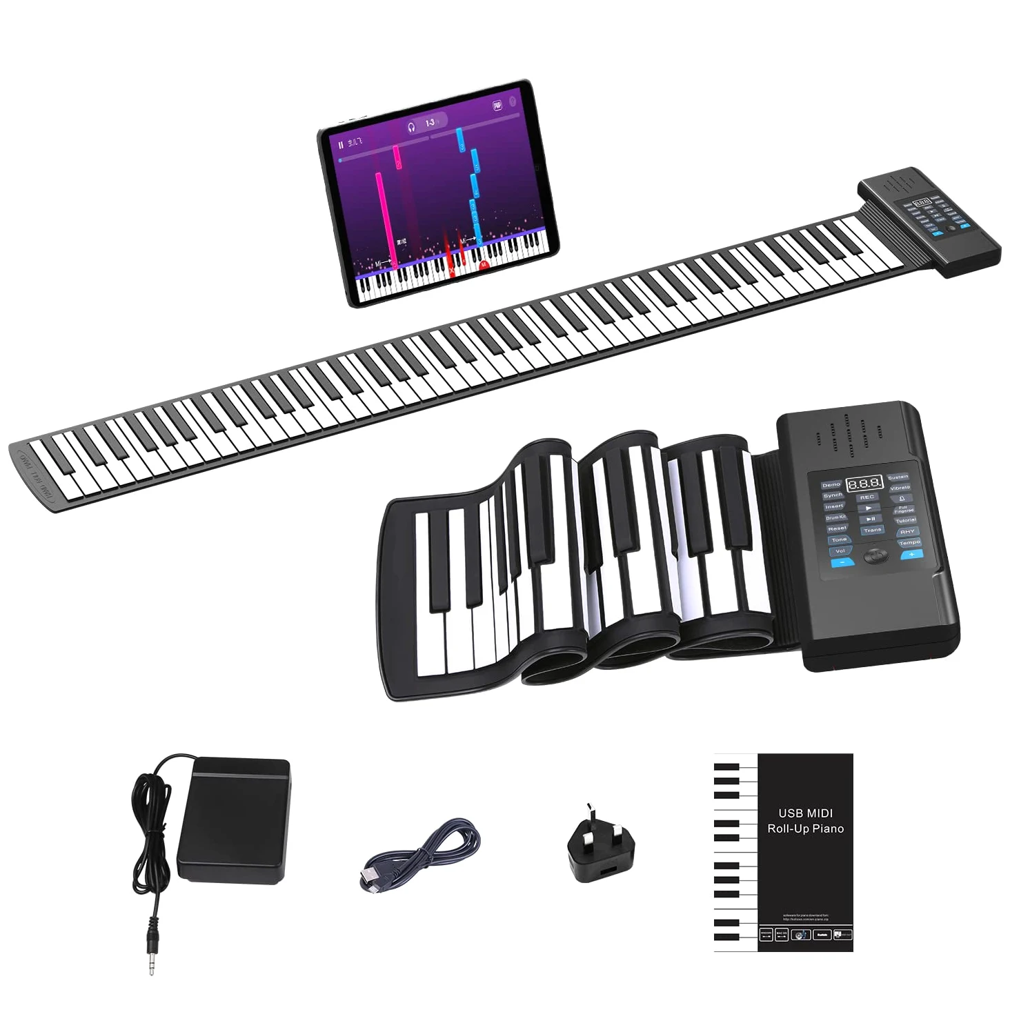Pianoforte arrotolabile in silicone a 88 tasti, tastiera portatile ricaricabile con 128 toni e 128 ritmi, USB-MIDI, ingresso MP3 e jack per cuffie, ideale per principianti, pratica domestica e
