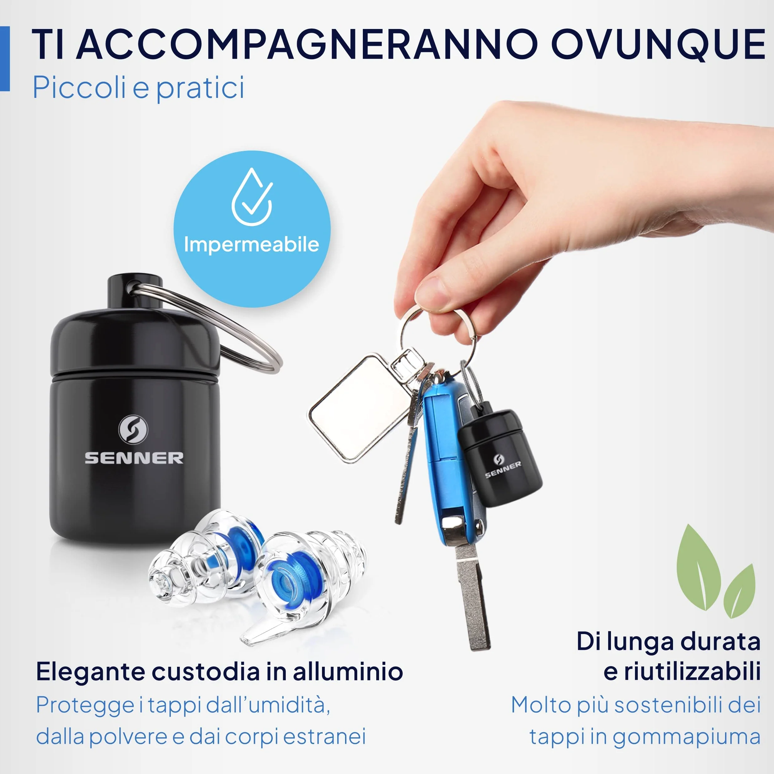 Senner MusicPro tappi per orecchie antirumore a protezione dell’udito con contenitore in alluminio. Ideali per musica, concerti, discoteca e festival (Ampia bottiglia nera Filtro blu)
