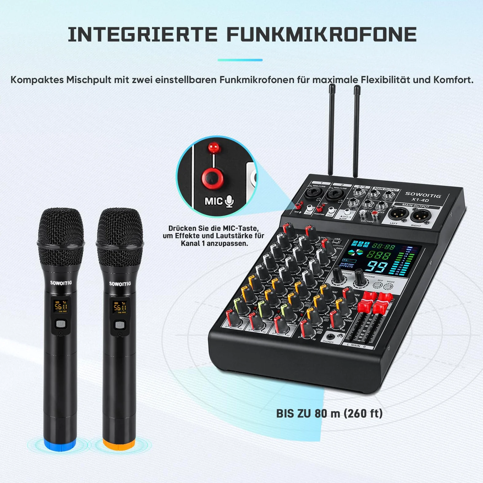 Mixer audio a 4 canali con 2 microfoni senza fili, console professionale DJ con 99 DSP MP3 Bluetooth 48 V alimentazione phantom PAD e interfaccia USB per registrazione, karaoke domestico e streaming