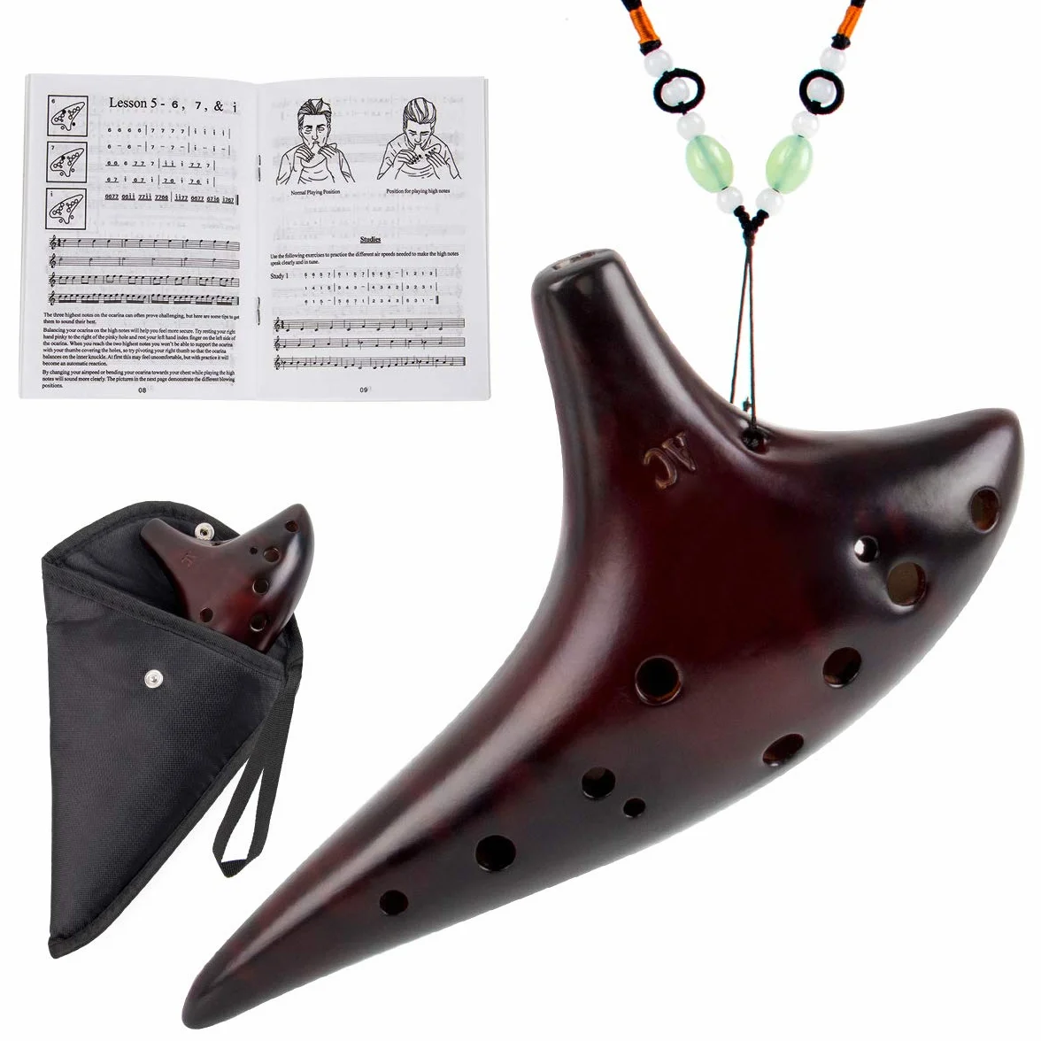 AKLOT Ocarina in ceramica fumé Ocarina Alto C a 12 fori Borsa protettiva Libretto di brani di base per bambini e adulti Affumicato
