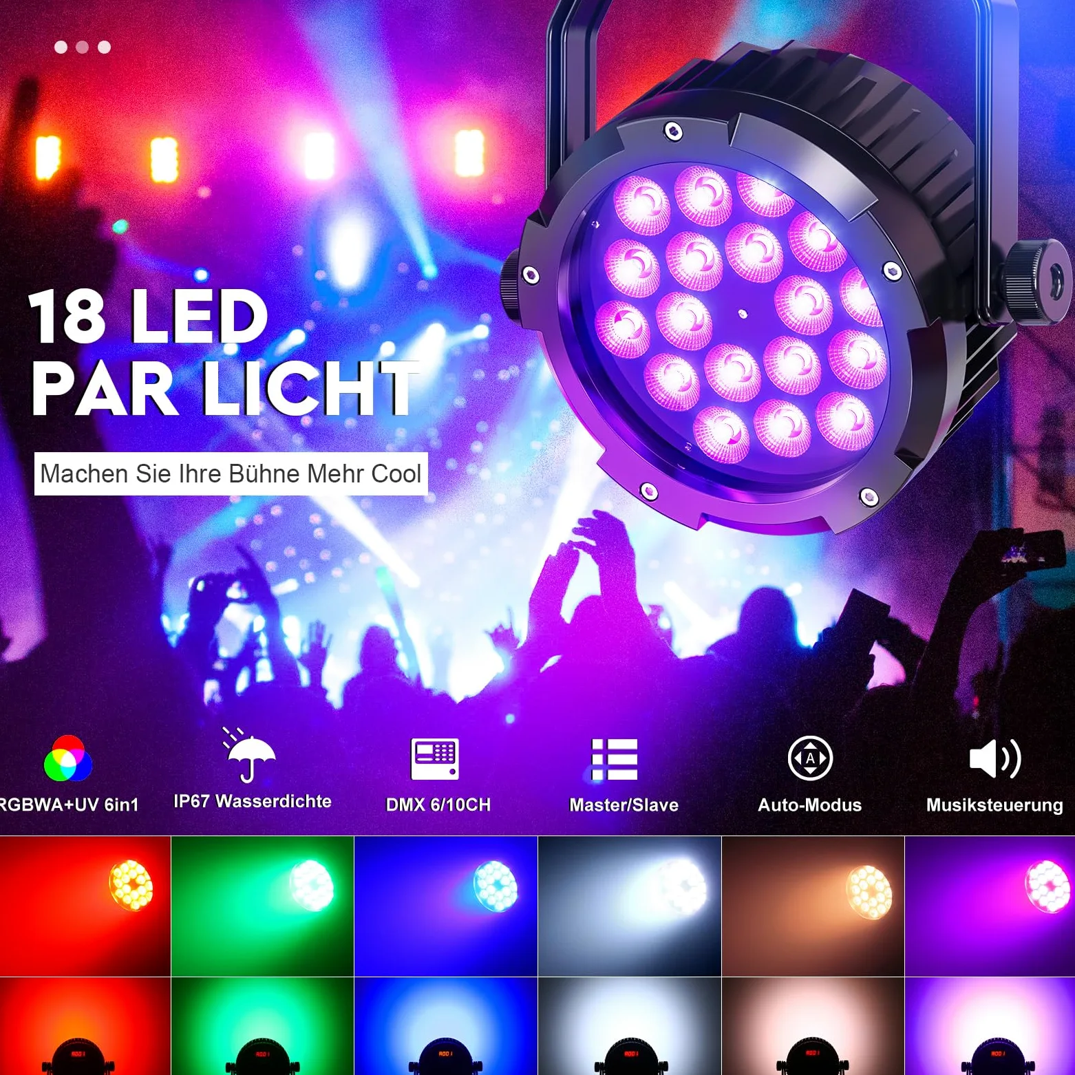 Impermeabile Par LED RGBWA+UV 6 in 1, 18 LED Luce di Scena con DMX-6/10CH y Efectos Estroboscópica, Illuminazione Palco per Discoteche, Matrimoni, Bar, Spettacoli, Piscina