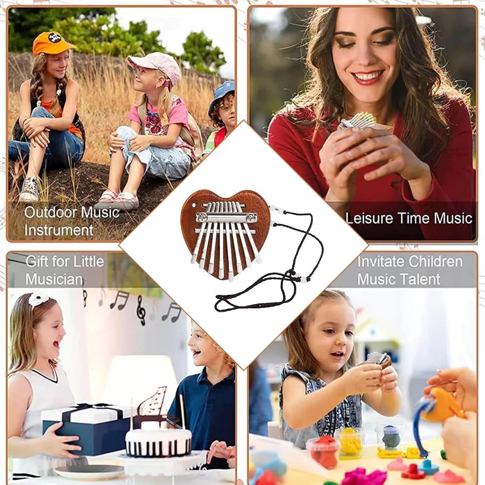 Mini Kalimba a 8 Tasti, Pianoforte per Pollice in Legno Massiccio, Strumenti Musicali Portatili Con Cordino per Bambini, Adulti e Principianti, Forma Cuore