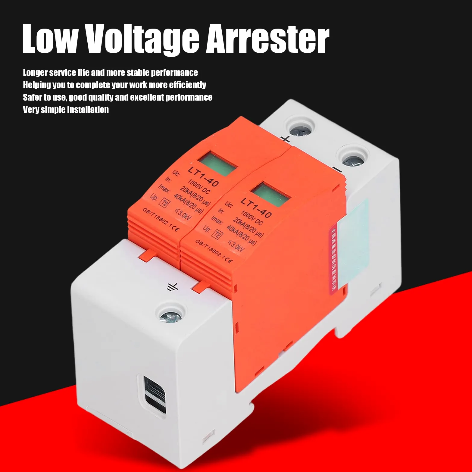 Arrestatore di Sovratensione 2P, Protettore Fotovoltaico DC 1000V 20-40KA LT1-40 - Protezione Affidabile, Installazione Facile su Guida DIN, Ideale per Impianti Fotovoltaici