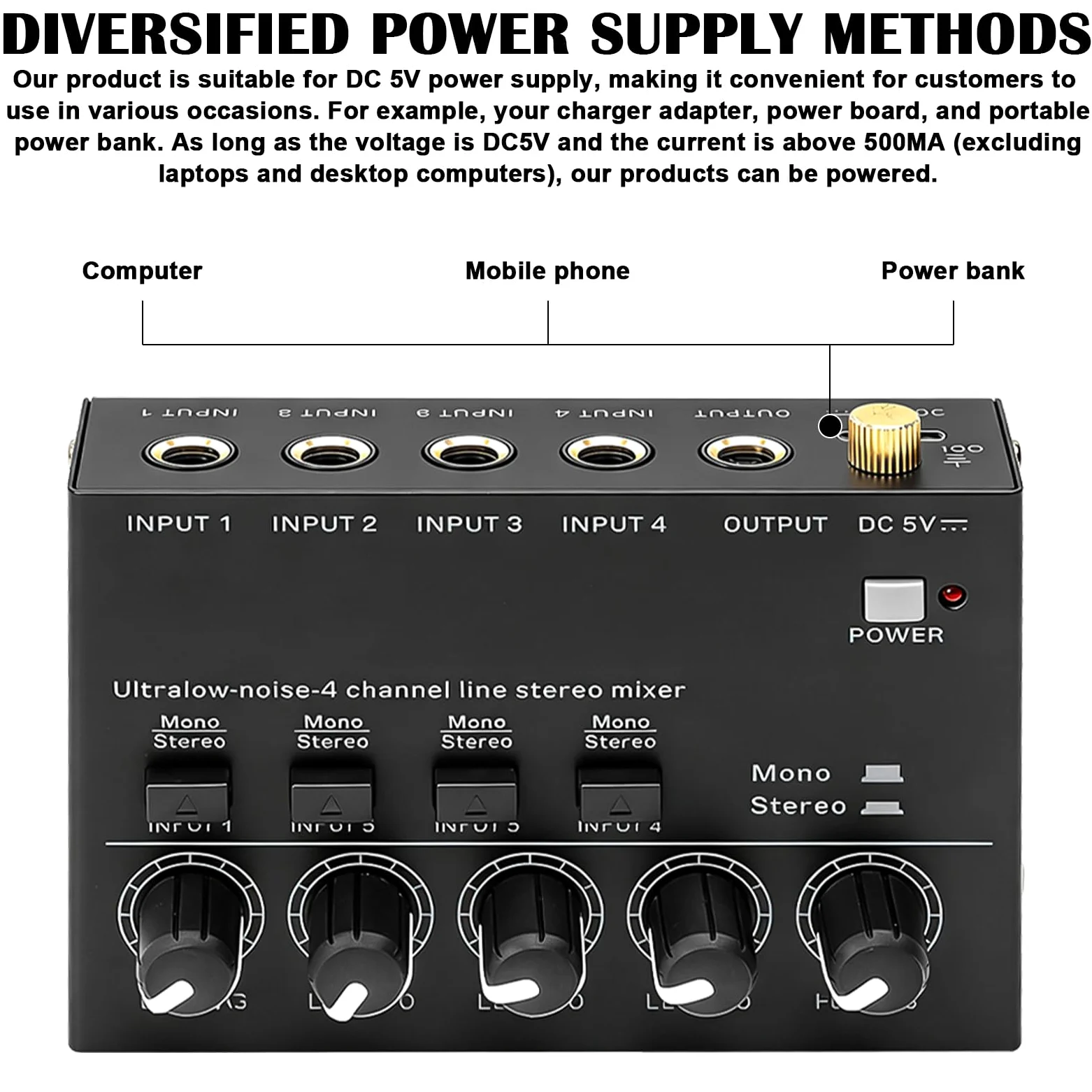 Mixer Audio a 4 Canali, Mini Mixer Stereo Attivo, Consolle di Mixaggio Audio con Basso Rumore, Regolazione del Volume Indipendente, Consolle di Mixaggio Compatta per Microfoni, Chitarre, Bassi
