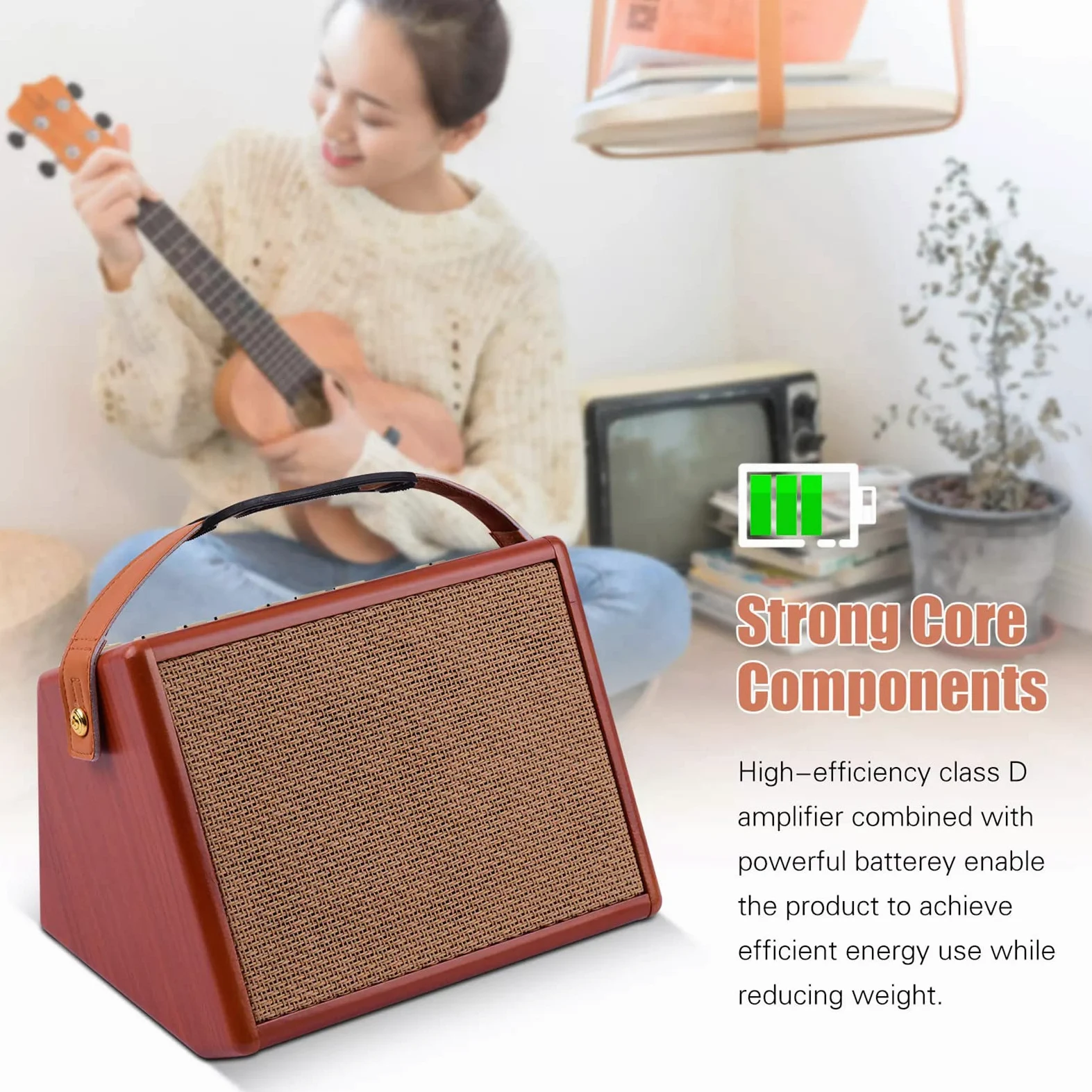 Btuty - Amplificatore per Chitarra Acustica da 25 W Ricaricabile Altoparlante Wireless BT, Controllo Indipendente del Riverbero, del Volume del tono dei Bassi e degli acuti con Ingresso