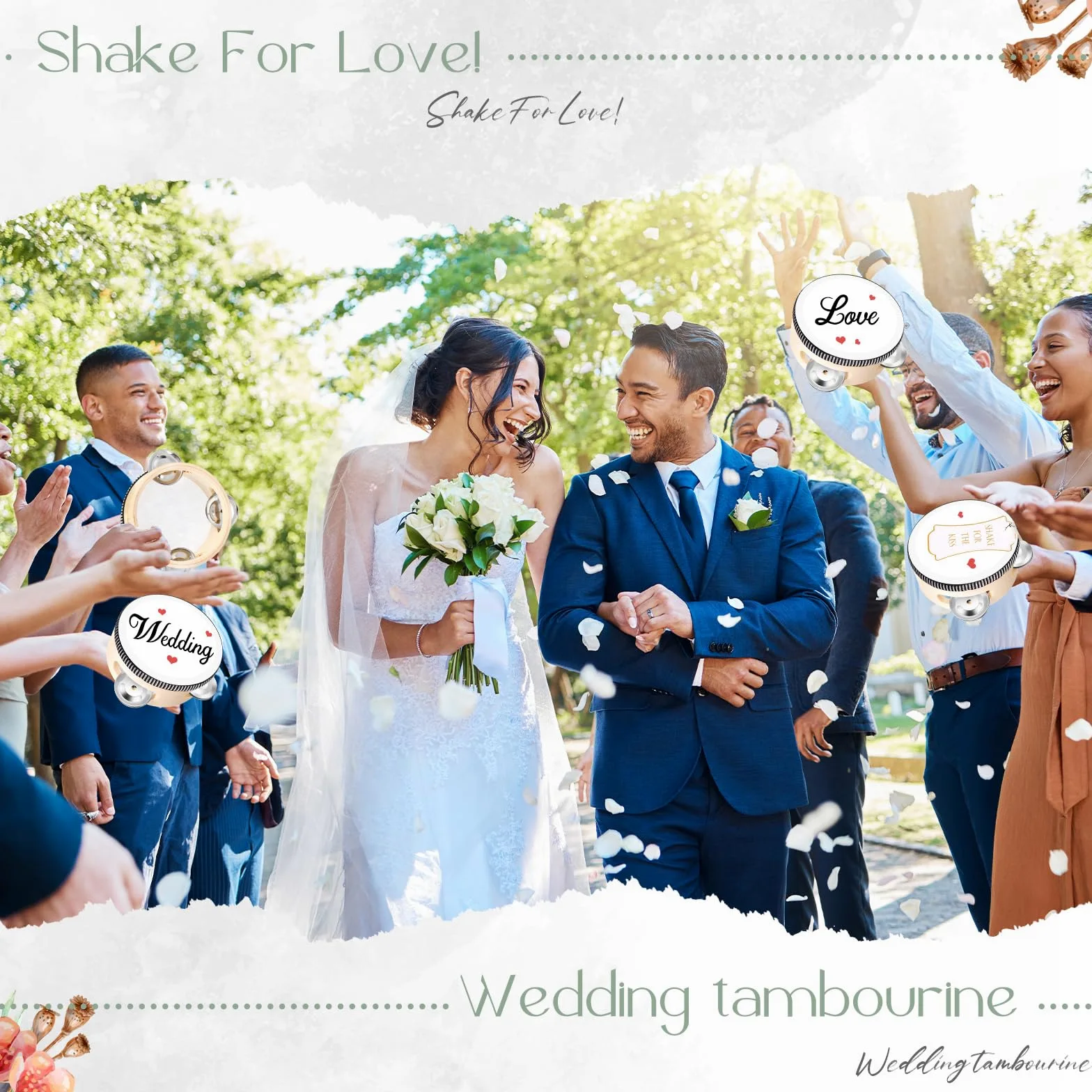 Set di 24 tamburelli da 15,2 cm per adulti, in legno, con sonagli in metallo, etichette regalo, nastro bianco stampato con scritta "I Love You", strumento musicale per chiesa, matrimoni,