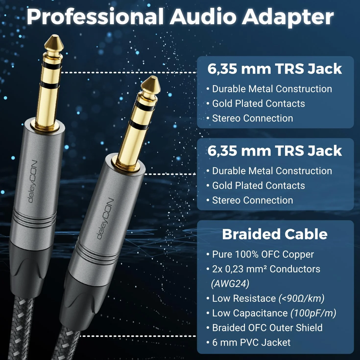 deleyCON 10m Cavo Strumento Jack 6,35mm a Jack 6,35mm TRS (Stereo) AUX - Qualità da Studio - in Puro Rame OFC (AWG24) - per Amplificatore Mixer Chitarra Elettrica Basso Tastiera