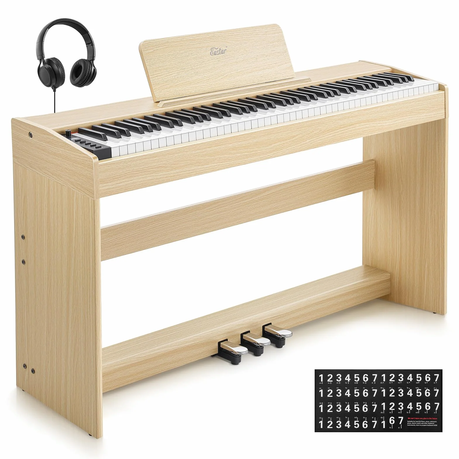 Eastar EUP-110 Pianoforte Digitale 88 Tasti Pesati, Pianoforte Elettrico Domestico per Principianti, con Cuffie, Adesivi Musicali, Schermo, 3 Pedali, Connessione Wireless - Colore Legno Chiaro