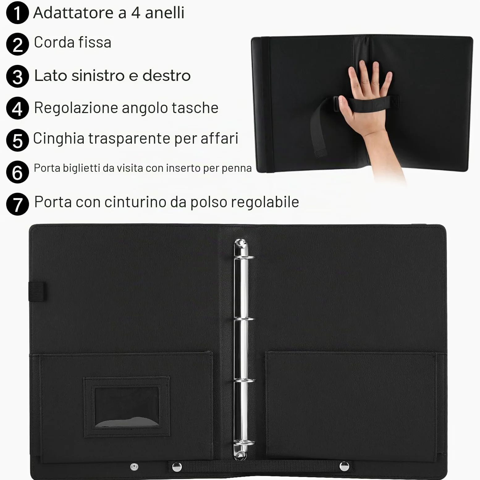 Cartella musicale, cartella per spartiti A4 con cinturino da polso e 30 tasche per coro, recital di pianoforte, in similpelle nera