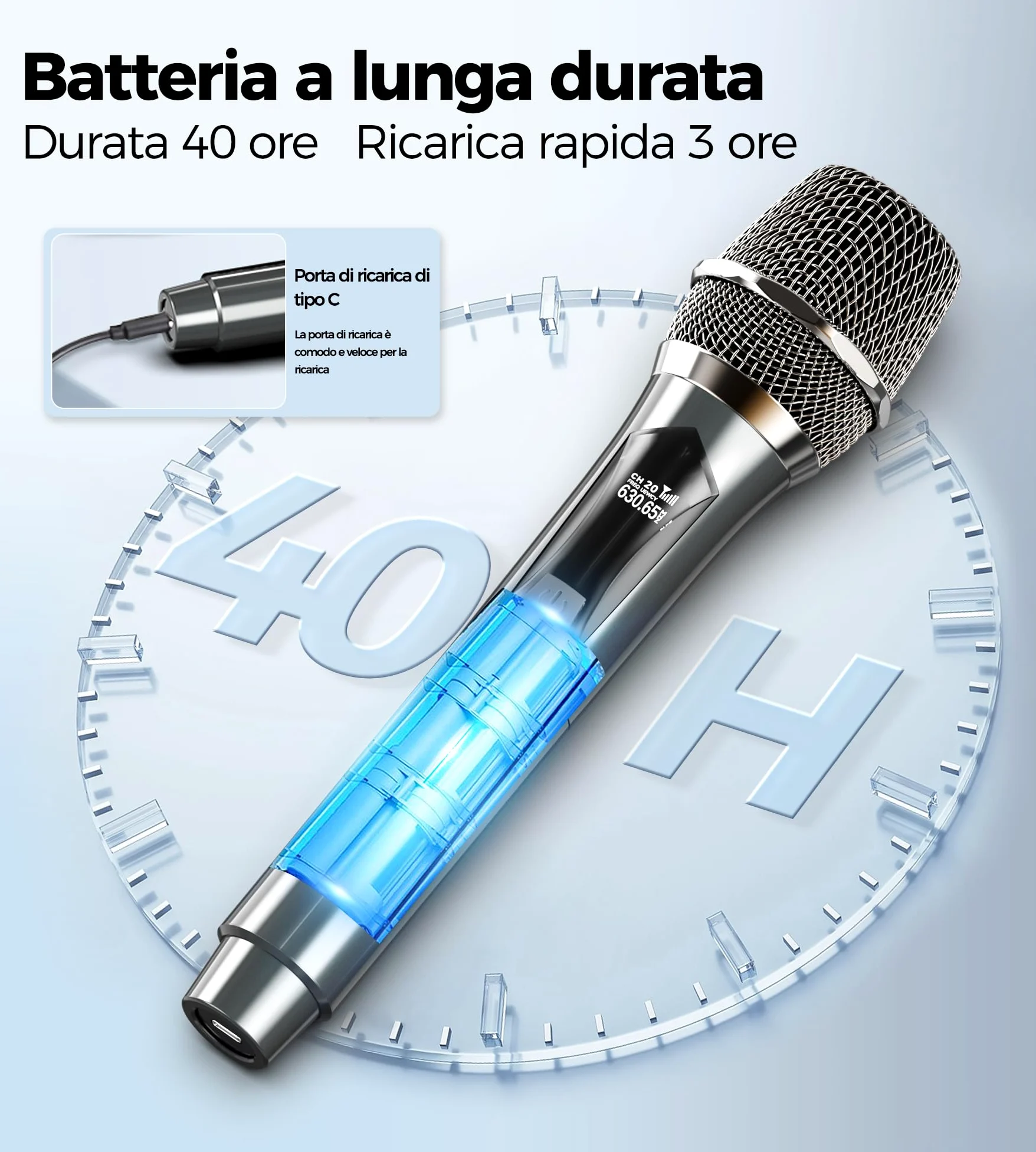 MAILANGSHI Microfono Wireless, sistema di microfono cordless portatile doppio in metallo ricevitore ricaricabile, durata 50ore, portata 200 piedi, microfoni per karaoke per canto karaoke (Grigio)
