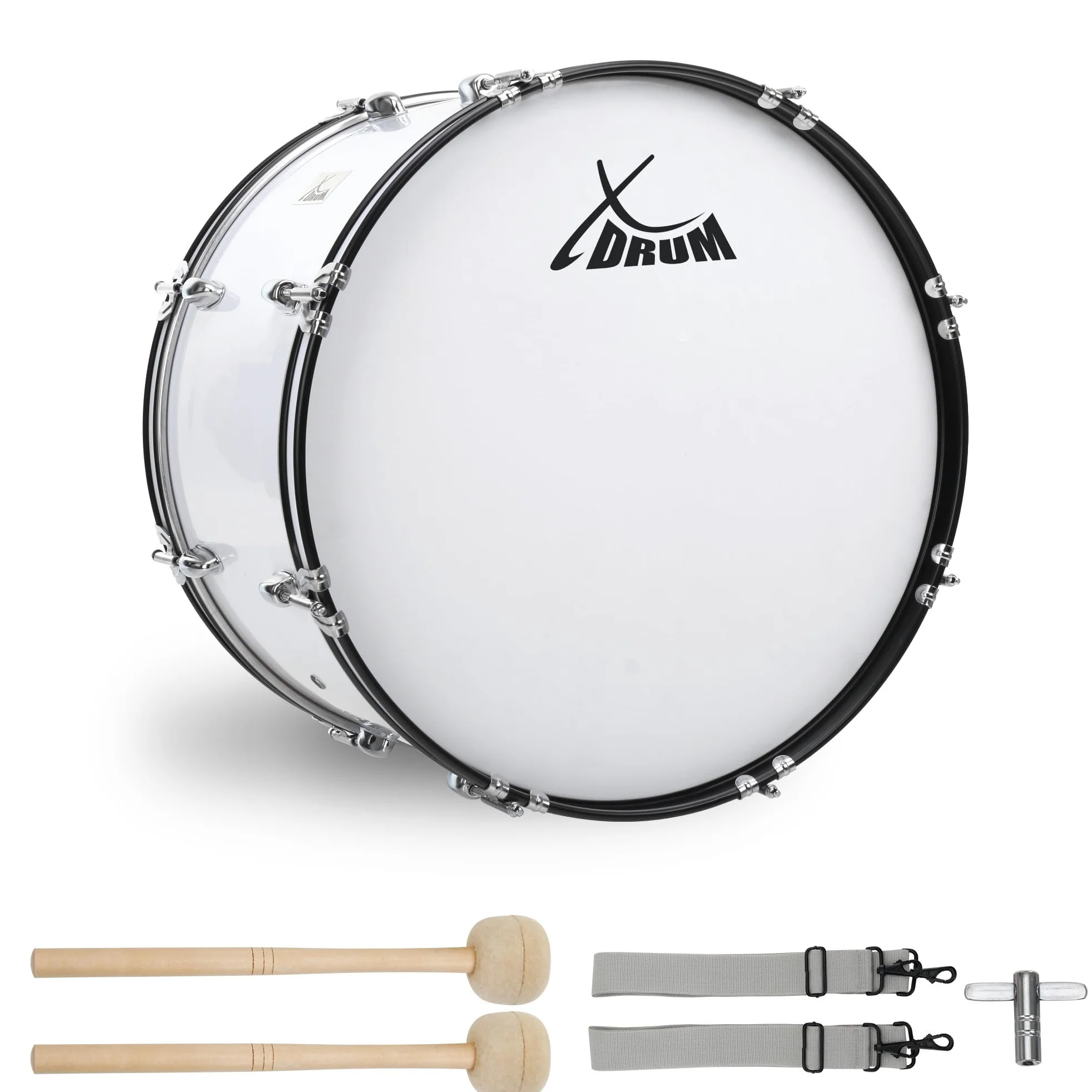 XDrum MBD-222 Grancassa da marcia 22" x 12" - grande grancassa da marcia - 7,5 kg - 4 occhielli per imbracatura - 8 tiranti per lato - incl. mazzuoli, imbracature e chiave di accordatura - Bianco