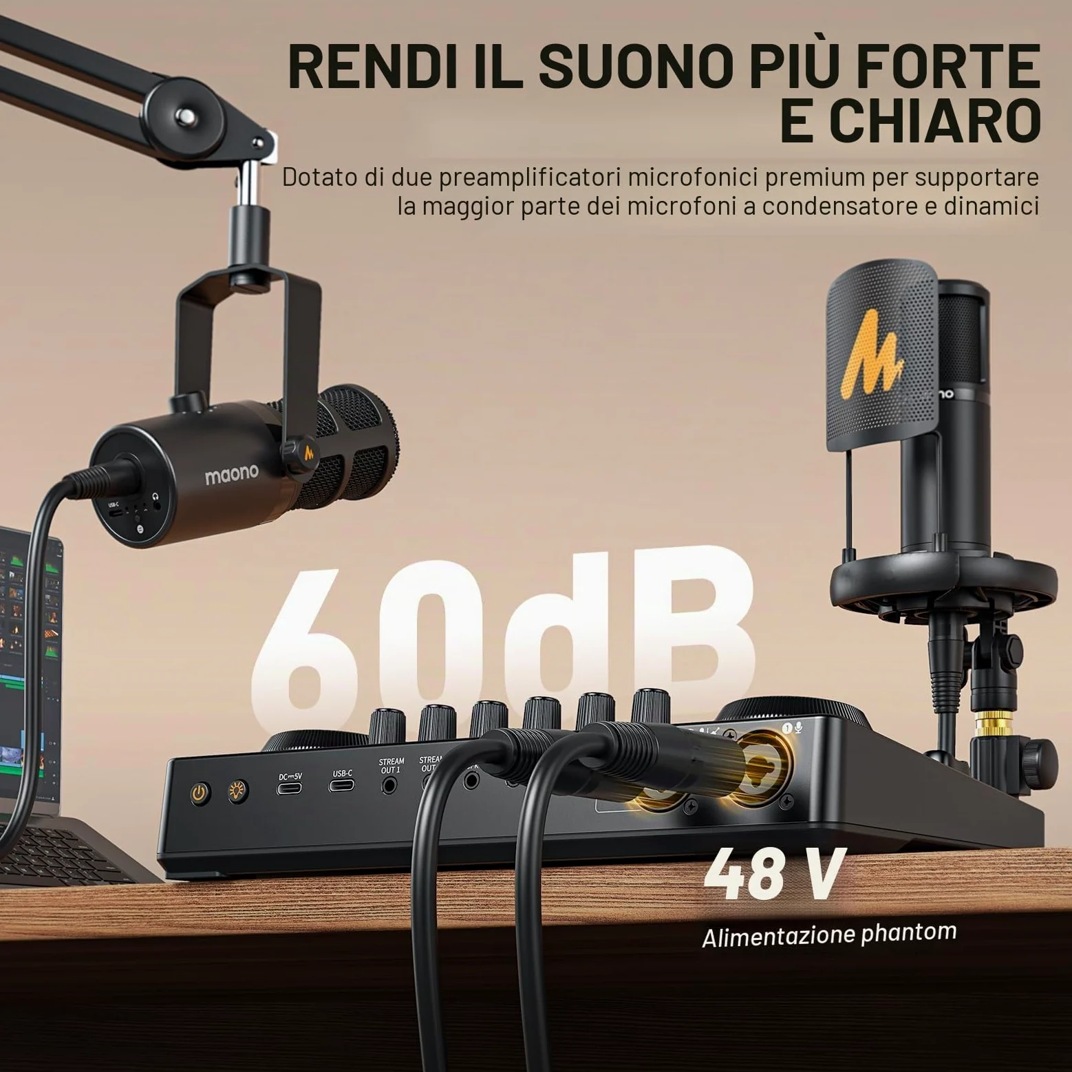 MAONO Pacchetto di apparecchiature podcast: mixer di interfaccia audio con due ingressi XLR per lo streaming di podcast MaonoCaster E2 Gen2