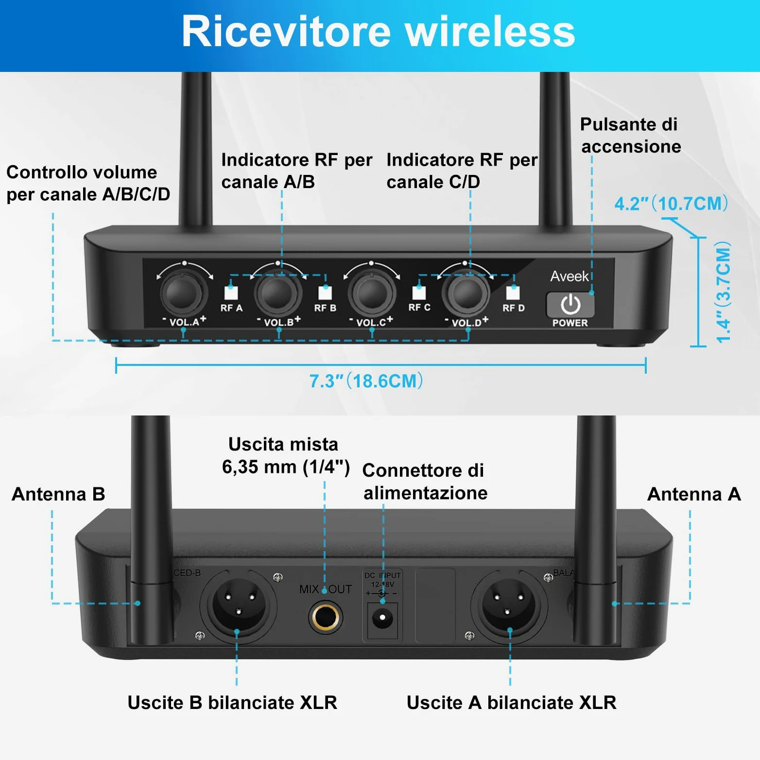 Sistema di microfoni wireless Aveek con 4 microfoni dinamici portatili, portata lunga di 80 m, batteria da 40 ore, suono da studio a bassa latenza per karaoke, canto, discorsi, chiesa, palcoscenico