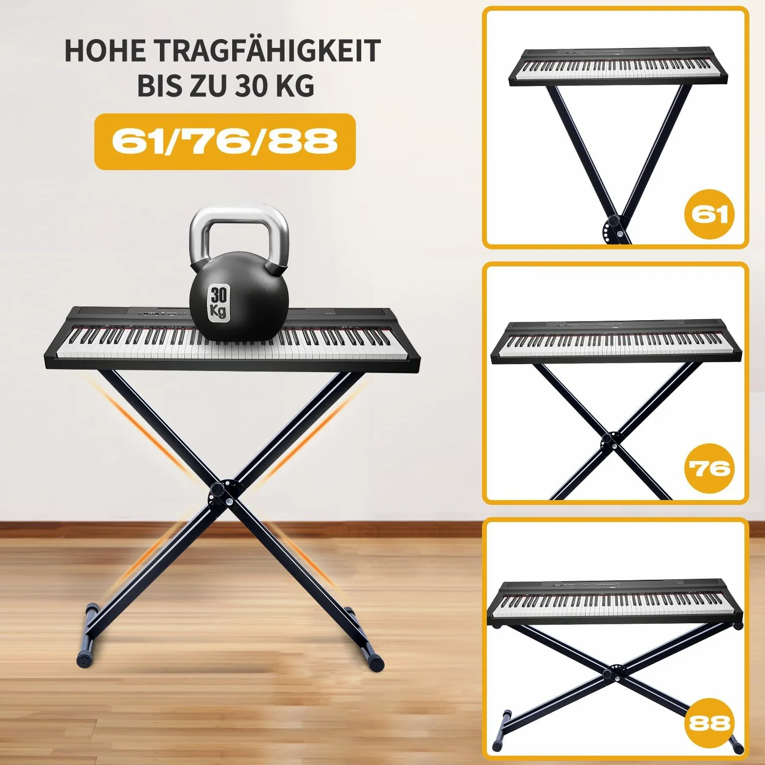 Supporto Tastiera 88 Tasti Doppia X 30KG, Stand Pianoforte Digitale Regolabile 49-97cm, Cavalletto Tastiera Universale 61/76/88 Tasti, Pieghevole in Acciaio Antiscivolo