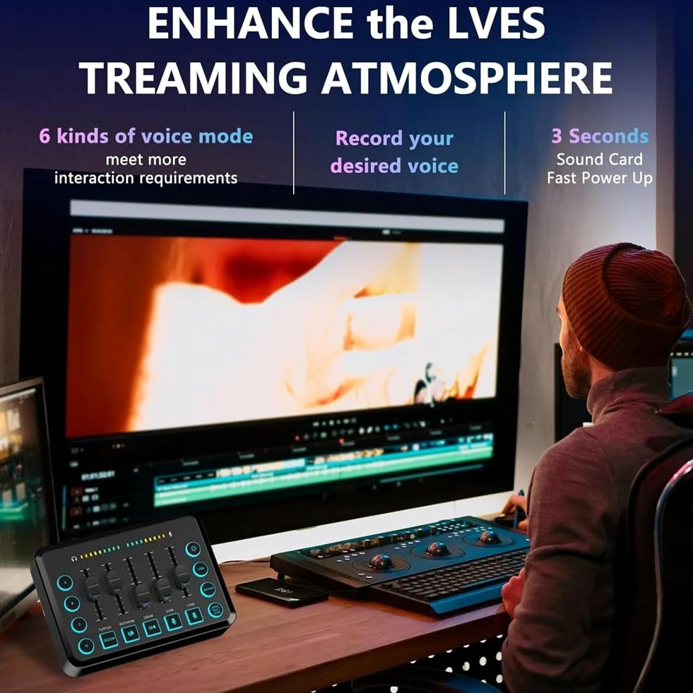 Mixer audio da gioco, mixer streaming RGB PC con interfaccia microfono XLR, volume fader, alimentazione phantom 48 V per podcast