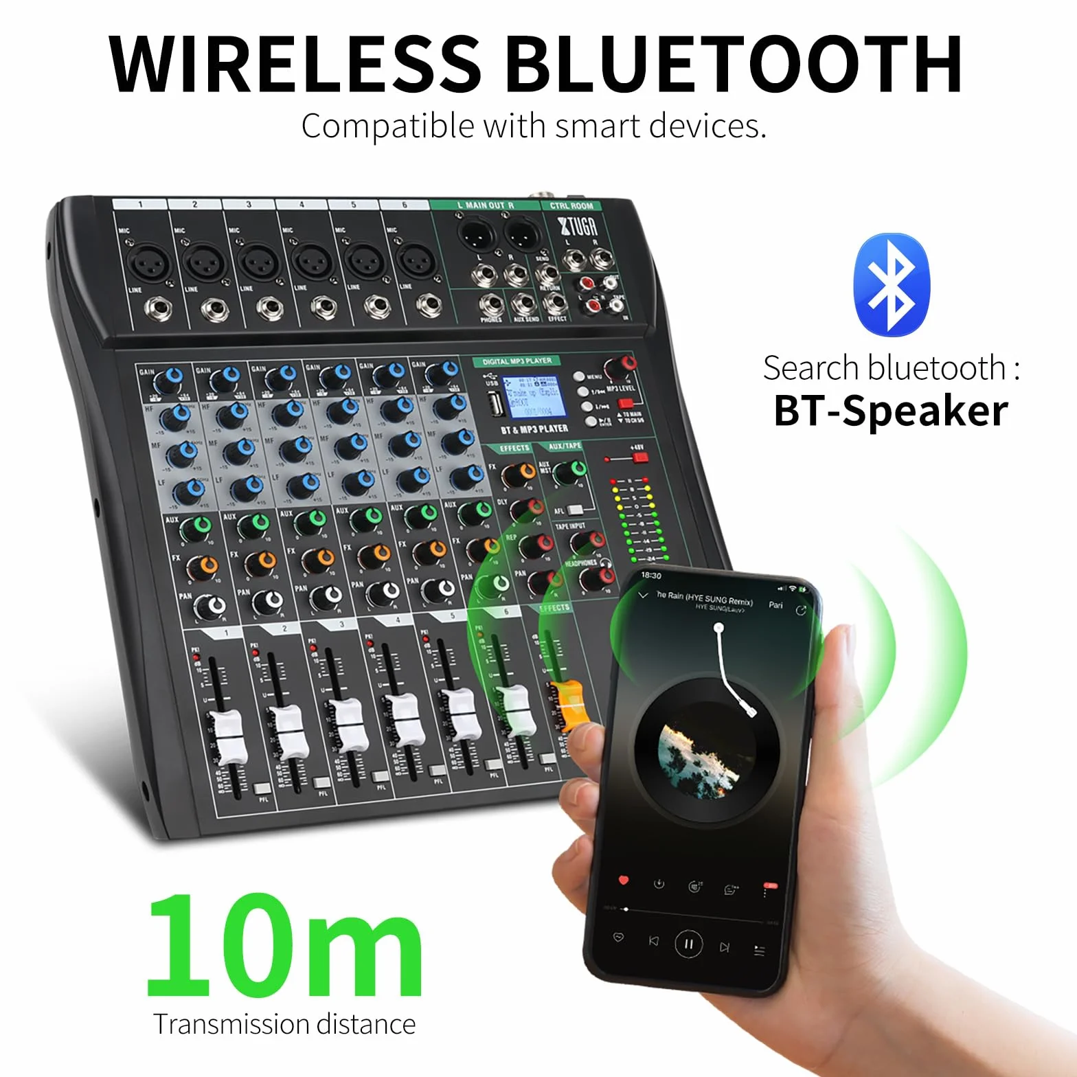 XTUGA Mixer audio a 6 canali per la registrazione del computer di controllo del suono, mixer audio effetto digitale integrato con alimentazione phantom da 48 V, CT60