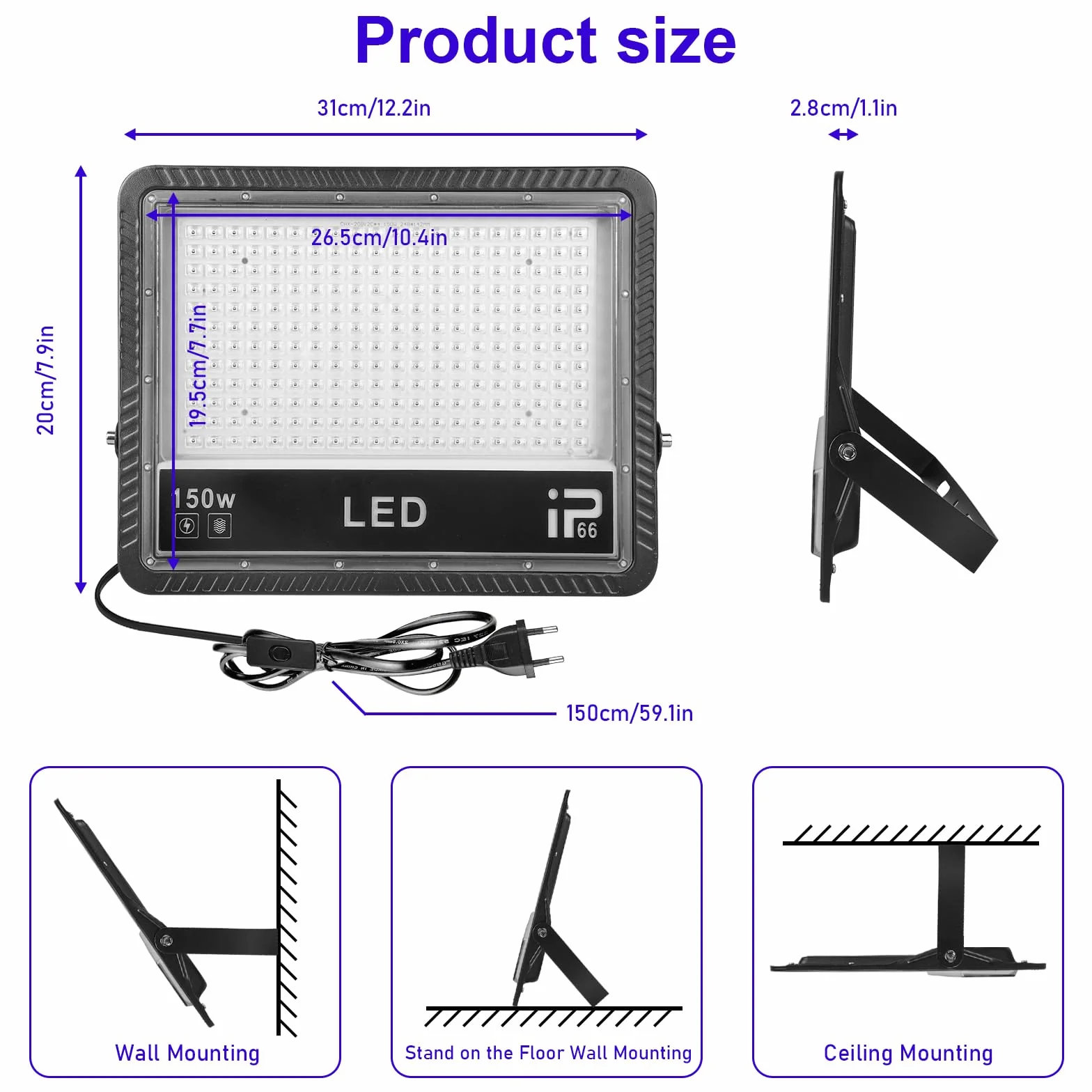 Luce UV nera: 2 luci LED da 150 W, IP66, impermeabili, 385 – 400 NM, luce nera, per feste, eventi all'aperto, feste di colore nero, feste (230 x 170 x 28 mm)