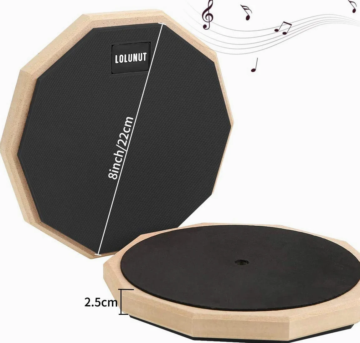 Pad per esercizi batteria, allenatore silenzioso in gomma morbida, base in legno, double-face, con bacchette in legno massello (20,3 cm, nero)