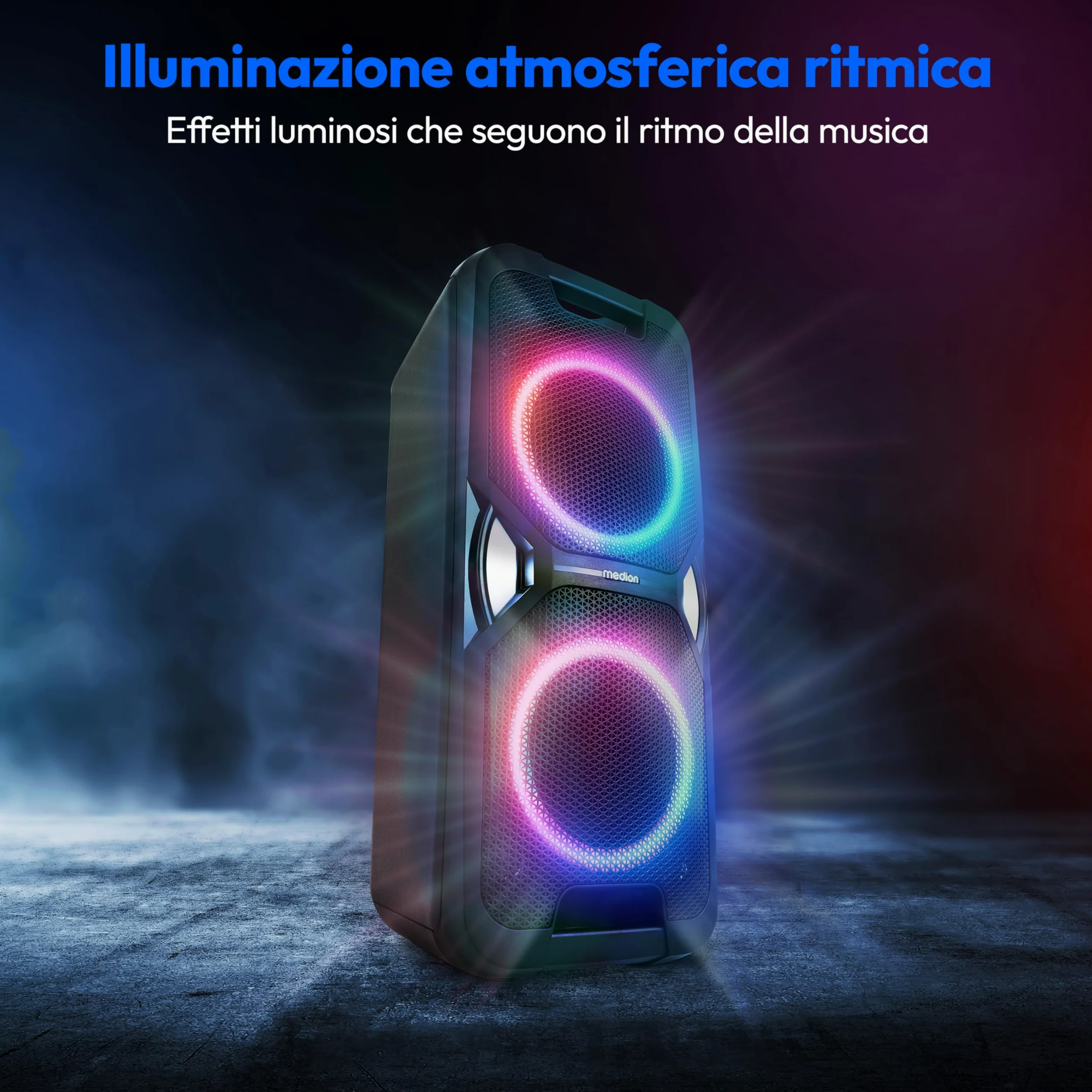 MEDION PE-1 Pure Partybox (batteria, con microfono, altoparlante Bluetooth portatile grande, cassa musicale con effetti luminosi, altoparlante party con karaoke, 2 ingressi microfono, AUX, USB, radio)