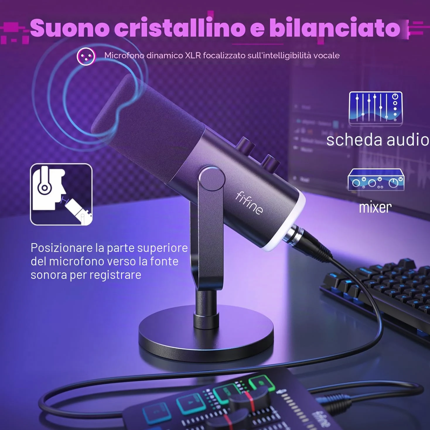 FIFINE XLR Streaming Microfono Dinamico per Podcasting, Mixer Audio PC con Interfaccia XLR (AM8 + SC3)