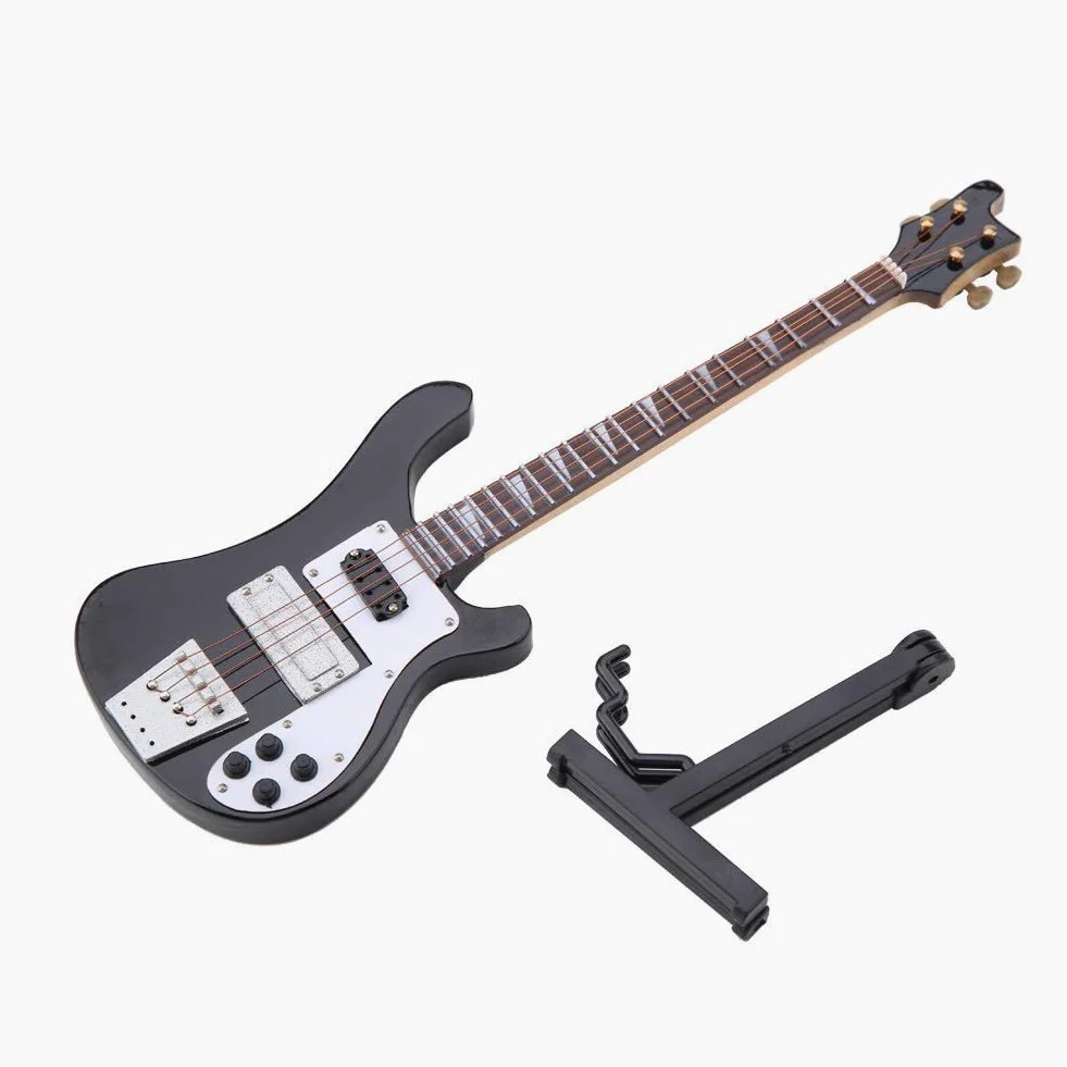 Mini chitarra elettrica in legno, Replica di chitarra in miniatura, strumento musicale in legno, ornamento di strumento in miniatura, modello di chitarre basso con supporto, decorazione per casa