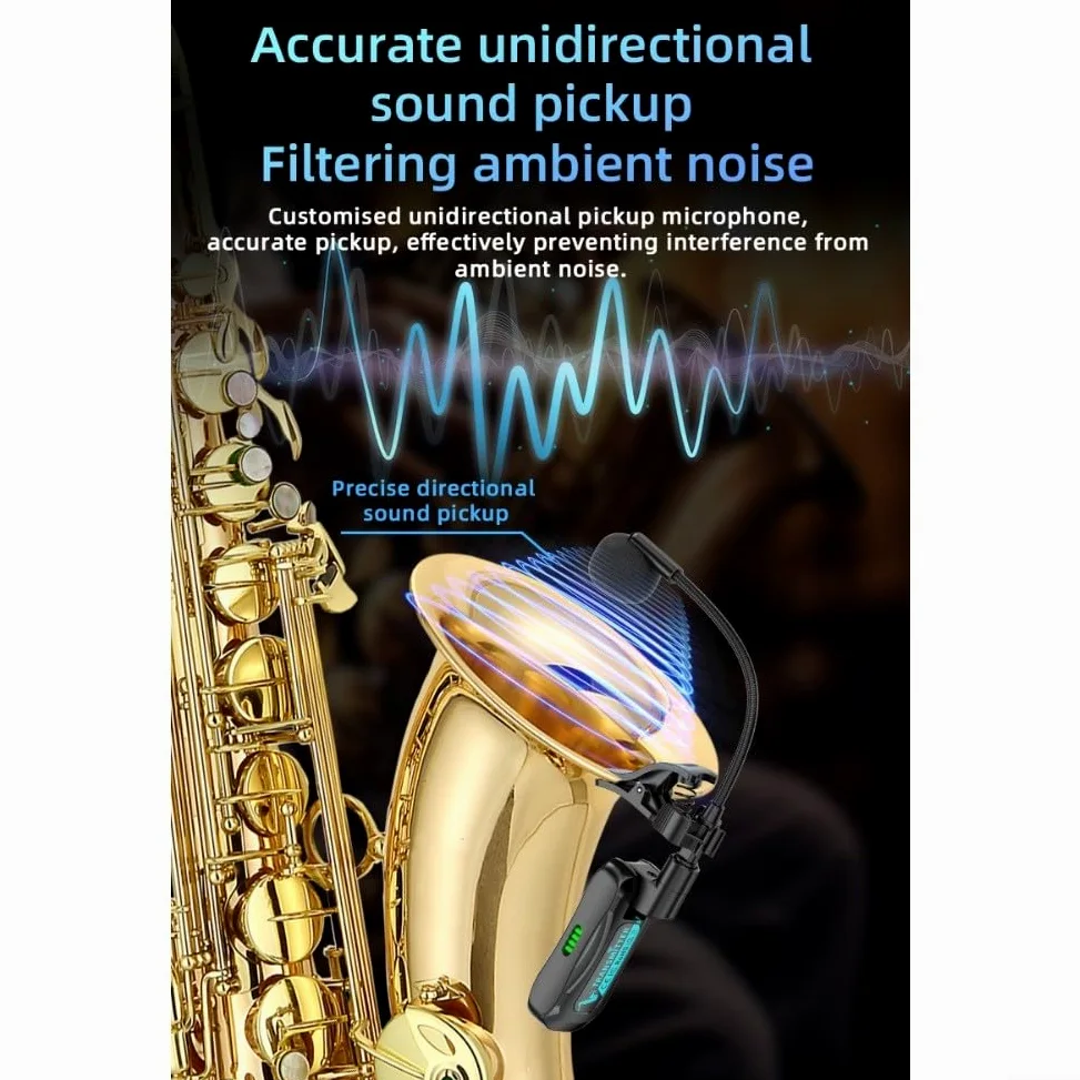 Microfono digitale wireless per sassofono: trasmissione 2,4 GHz, portata 40 m, latenza 12 ms, audio 48 K/16 bit, 98 dB SNR, compatibile con sax e tromba