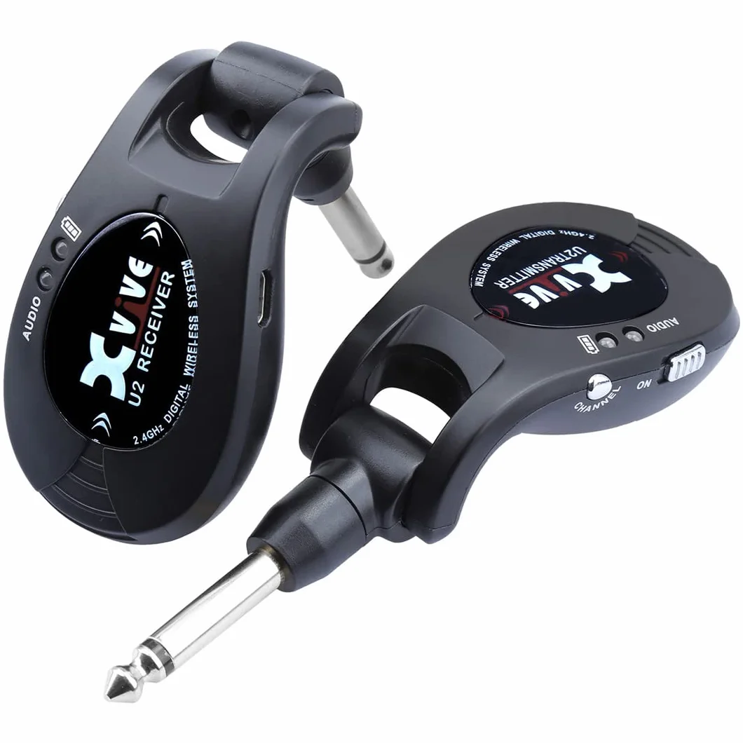 XVIVE U2 - Sistema Wireless Digitale per Chitarra Elettrica Acustica e Basso, Trasmissione in Banda 2,4Ghz, Range di 30m - Fino a 5 Ore di Autonomia, Doppio Cavo USB per Ricarica Incluso, Jack Snodati