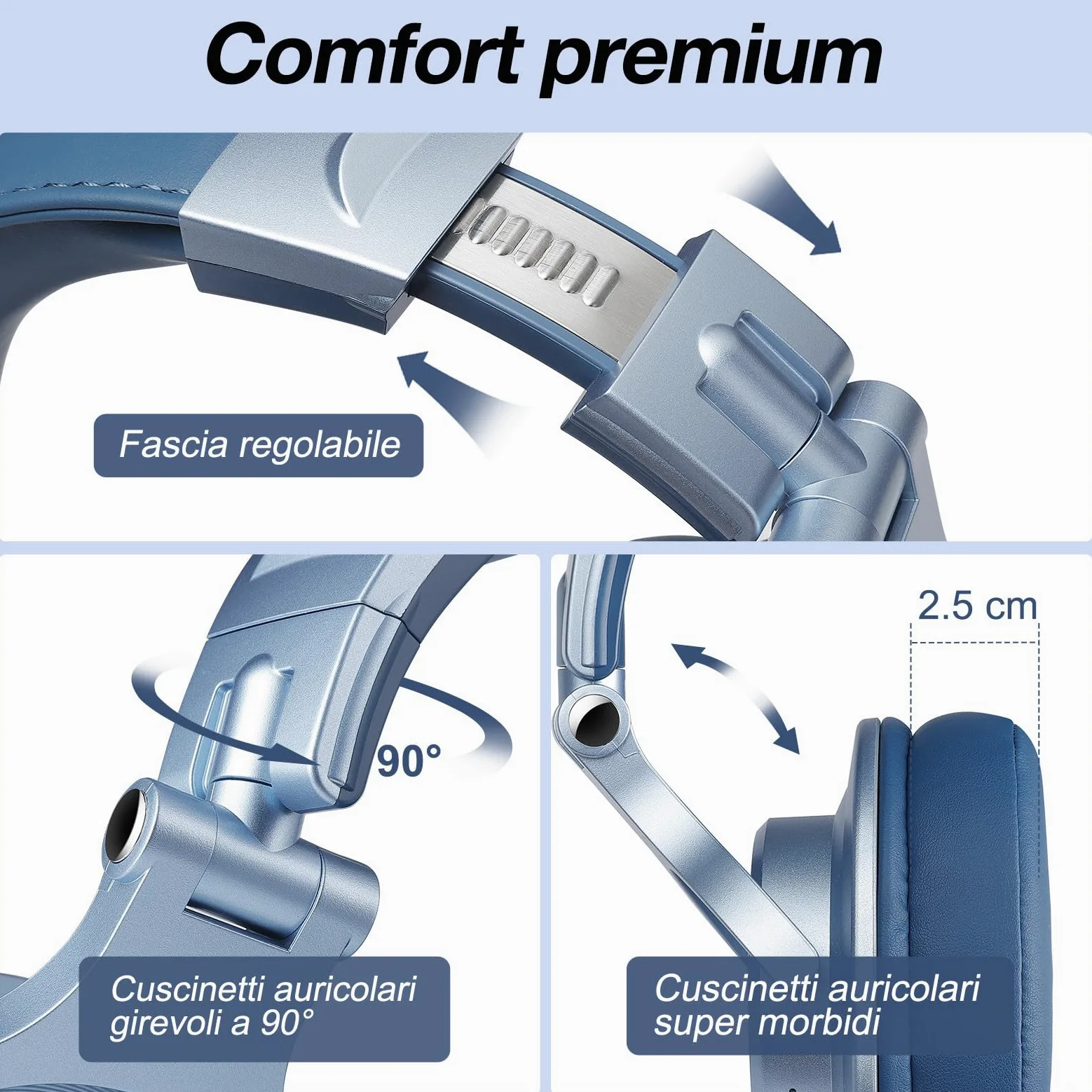 OneOdio A70 Cuffie Bluetooth Over Ear, Cuffie Cablate e Wireless Cuffie Stereo con Microfono, 72 Ore di Riproduzione, CVC 8.0, Jack 3,5 e 6,35 mm, Pieghevole/per DJ/Chitarra/Cellulare/PC (Blu)
