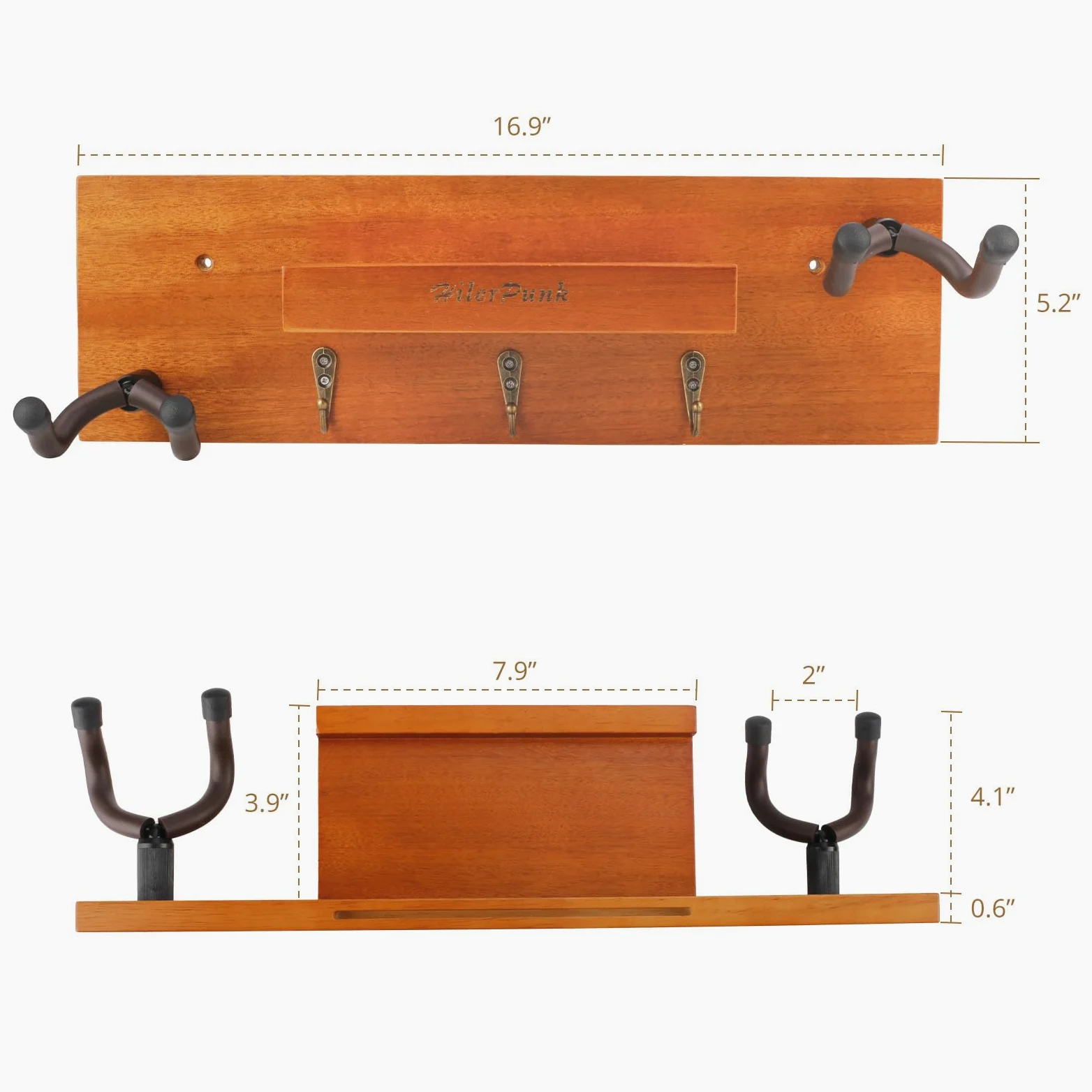 Supporto da parete per chitarra, gancio da parete per chitarra in legno massiccio con 3 ganci e 2 ganci girevoli in gomma per chitarra, espositore per chitarra con ripiano e porta plettri per chitarra