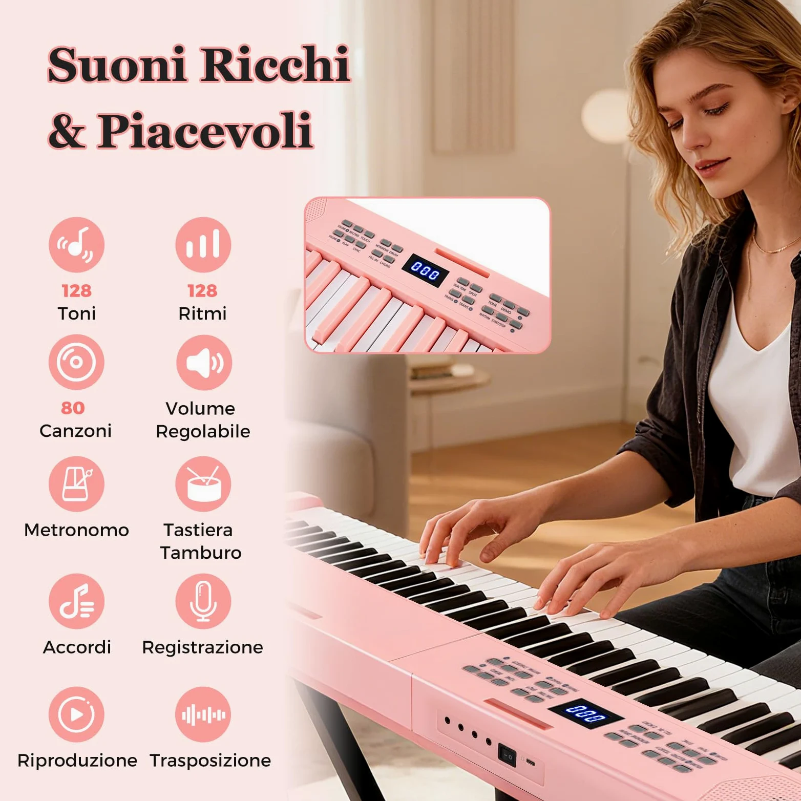 COSTWAY Tastiera Pianoforte Pieghevole a 61 Tasti, Tastiera Elettronica con Funzione MIDI, Cuffie, Pedale Sustain, Pianoforte Digitale Portatile per Principianti (Rosa)