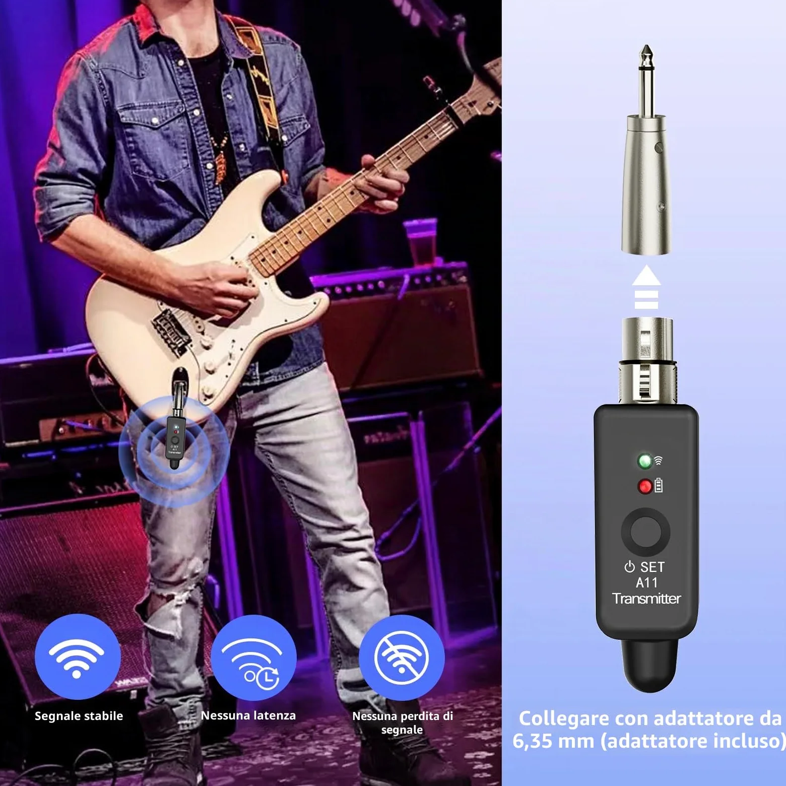 A11 2,4GHz Sistema Microfonico Senza Fili – Trasmettitore & Ricevitore con 4 Canali, Adattatore XLR Plug-on, Adatto per Microfoni Dinamici/a Condensatore, Mixer Audio (1TX + 1RX)