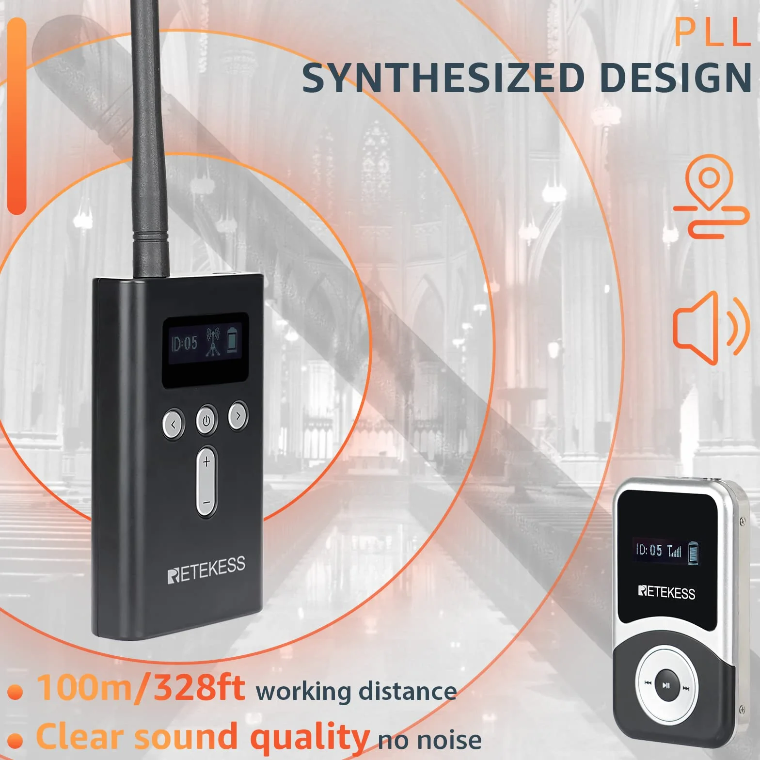 Retekess T130S (T130 2rd) Sistema di Audio guida, Sistema di Guida Wireless, Operazione con un Clic, 100m, Cuffia D, Tasto Muto, per Turismo, Fabbrica (1 Trasmettitore 5 Ricevitori)