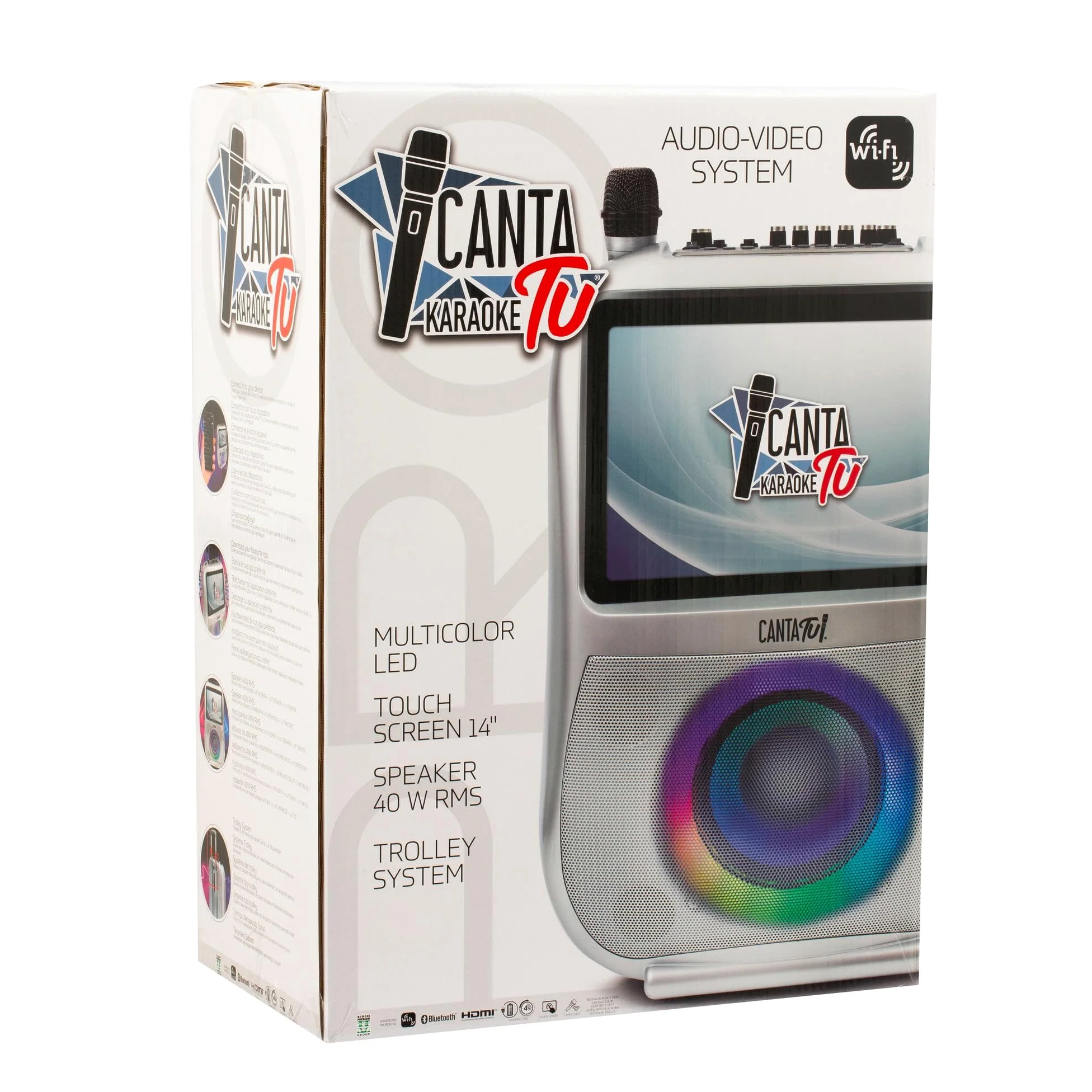CANTA TU KARAOKE - PRO 2023 Professionale Completo con Microfono Wireless, Display Touch, Connessione Wi-Fi, Effetti Vocali, Luci LED, Batteria Ricaricabile, Voice Changer, Argento