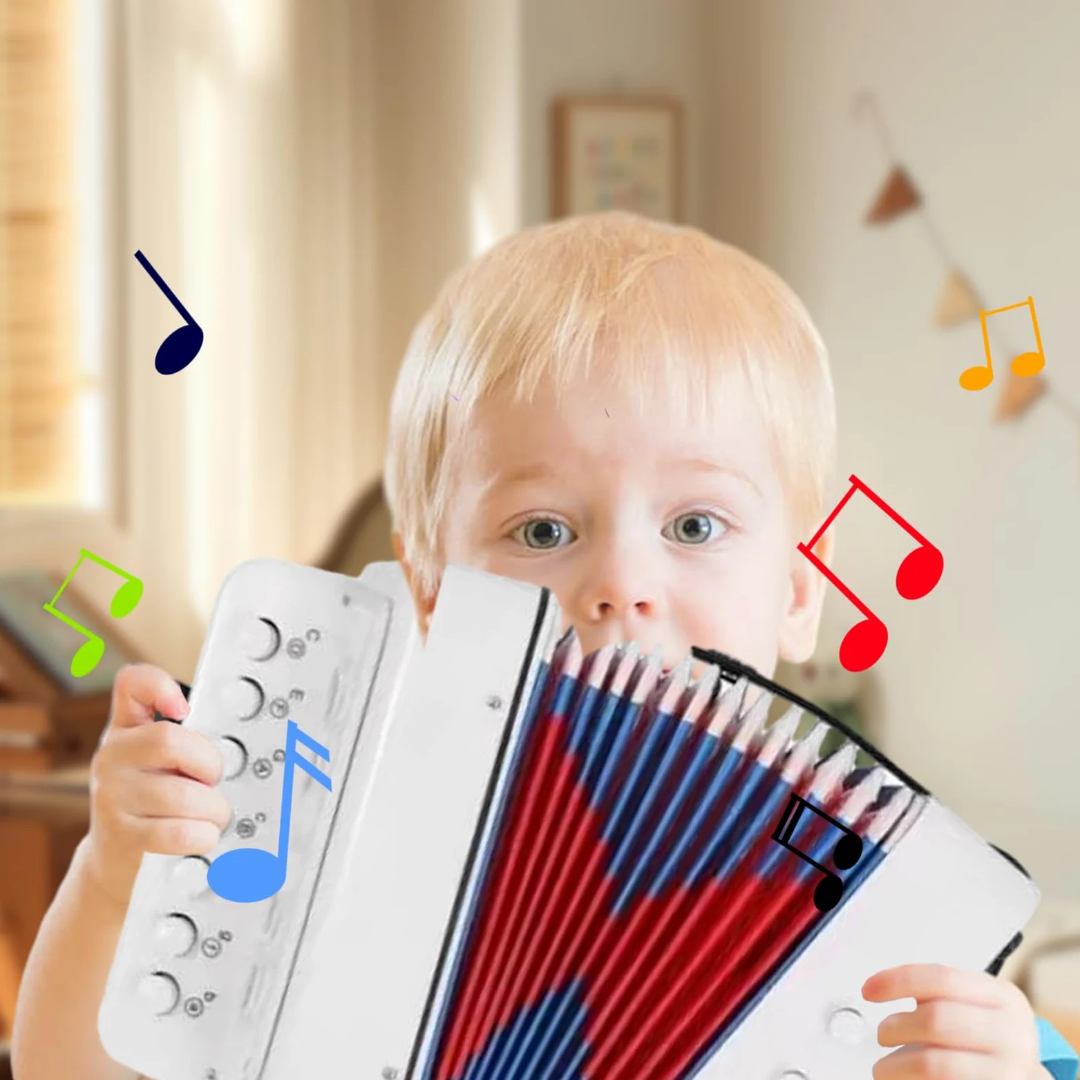 Giocattolo per bambini – Set di giochi musicali con bottoni, mini soffietto | Dispositivo di attività per sviluppare melodie e ritmi per l'apprendimento precoce, inizio colorato e adatto ai bambini