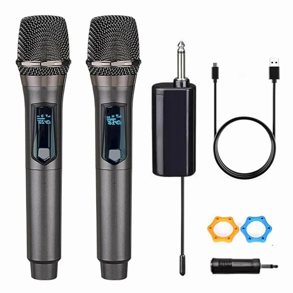 microfono wireless doppio UHF ricaricabile, doppio microfono wireless dinamico portatile per canto karaoke, matrimonio, DJ, festa, discorso, chiesa, uso in classe,
