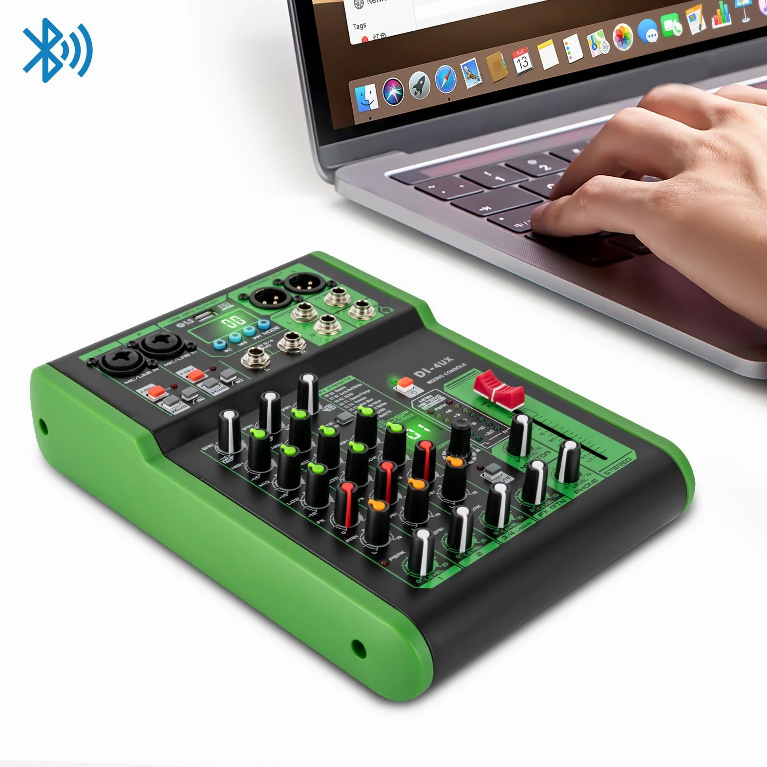 Mixer audio professionale, alimentazione phantom, preamplificatore per microfono, serie DI-4UX, verde, 19,3 x 26 x 4,5 cm
