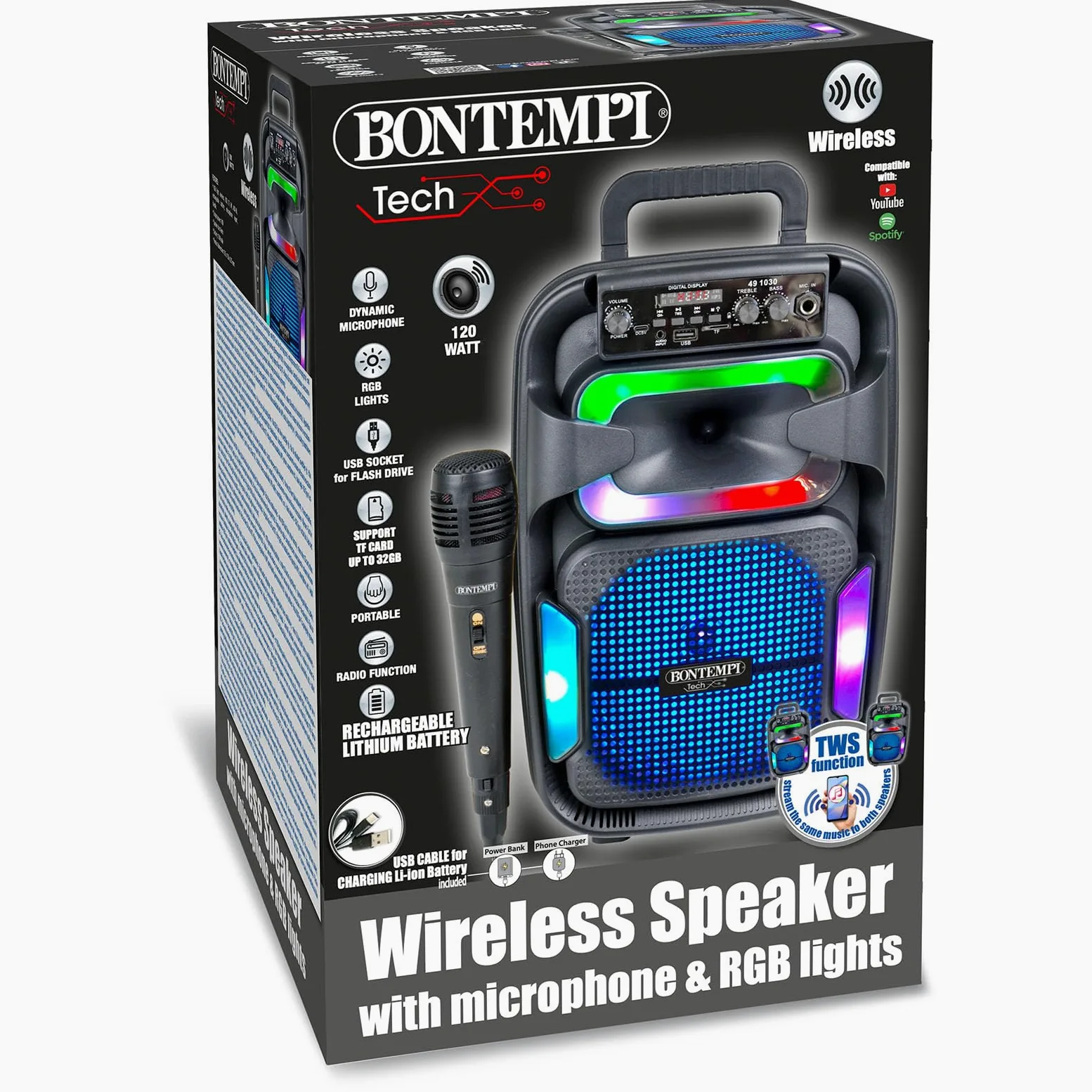 Bontempi | SonicSync - Amplificatore Wireless Karaoke con Microfono Dinamico, Effetti Luminosi, Regolatore Alti e Bassi, Funzione TWS, 38,2x24,9x21,9 cm