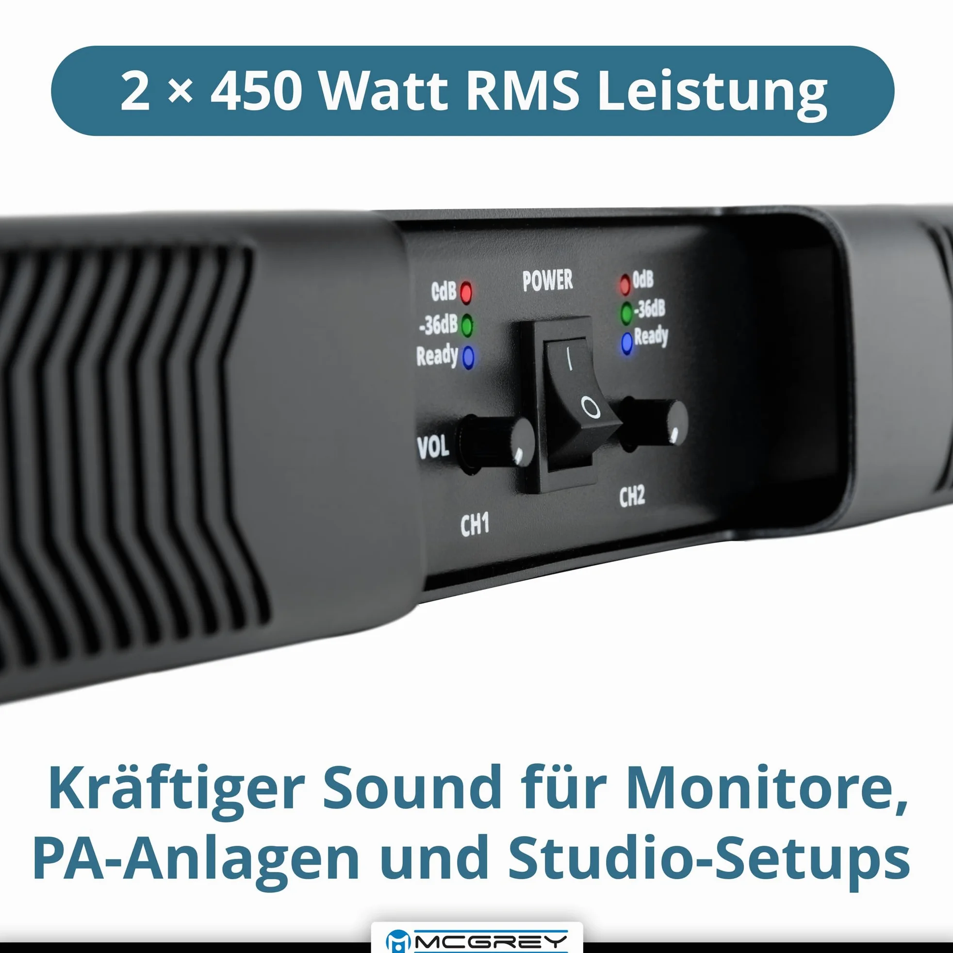 McGrey PA-4502 Amplificatore 1U 2x450W Class-D, 2 canali, XLR/Speakon, protezioni, compatibile rack 19", leggero 2,8 kg — per band, DJ, eventi e installazioni fisse