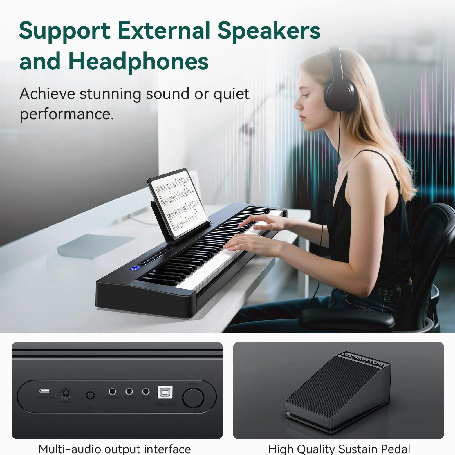 Rosen P21 Tastiera Semi-Pesata 88 Tasti Pianoforte Digitale per Principianti, Pianoforte Elettrico Portatile con Pedale di Sostegno e Alimentazione, Nero