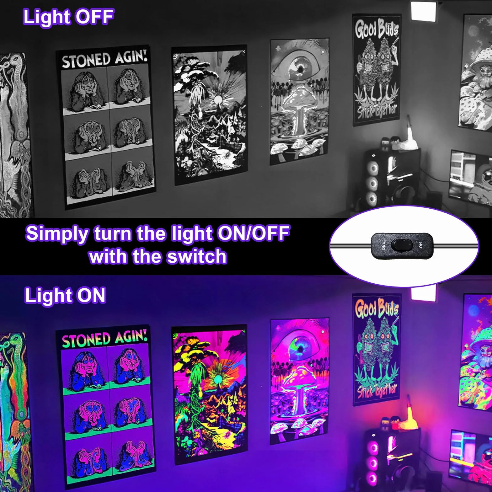Luce Nera UV 50W, Indmird Faretto UV LED con Interruttore, 395-400nm Potente Faro UV Impermeabile IP65 Lampada UV per Festa Glow,Pittura,Acquario,Natale,Halloween