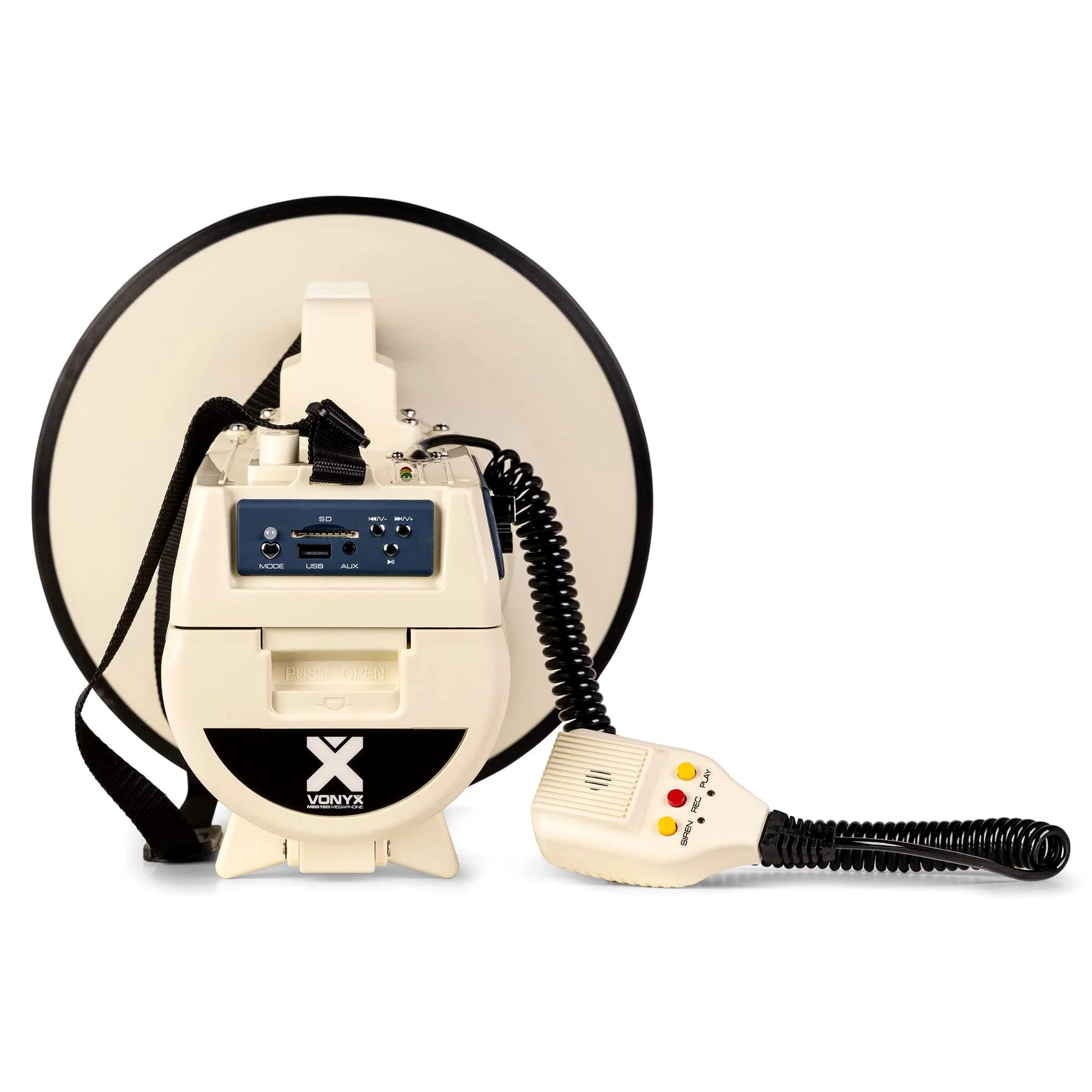 Vonyx MEG150 - Megafono professionale da 150 W con batteria ricaricabile, sirena e microfono, Bluetooth, funzione di registrazione, portata fino a 2000 metri, USB, SD, MP3 e AUX, cinghia, colore beige