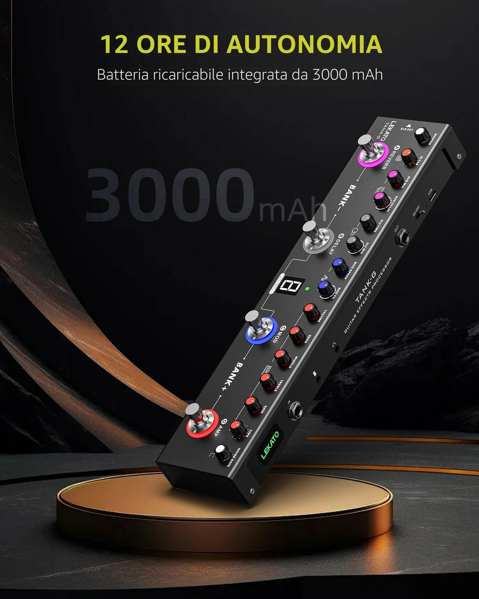 LEKATO Pedale per chitarra multi-effetto, 36 preset modificabili, coro, delay, reverbo, MOD, ricarica IR, registrazione, batteria integrata, connessione BT