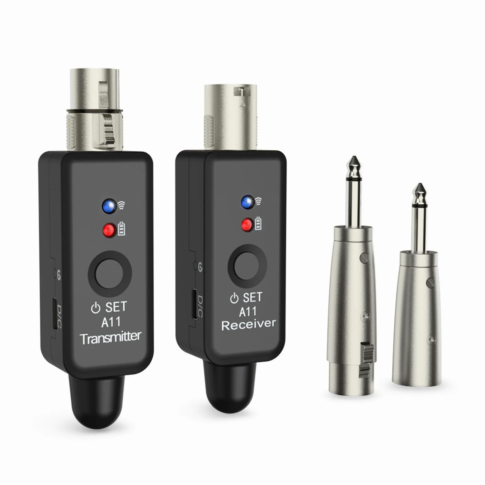 A11 2,4GHz Sistema Microfonico Senza Fili – Trasmettitore & Ricevitore con 4 Canali, Adattatore XLR Plug-on, Adatto per Microfoni Dinamici/a Condensatore, Mixer Audio (1TX + 1RX)