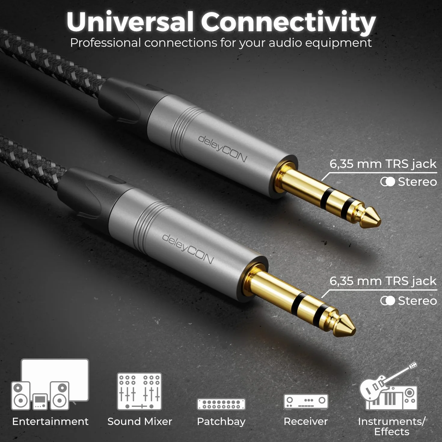 deleyCON 10m Cavo Strumento Jack 6,35mm a Jack 6,35mm TRS (Stereo) AUX - Qualità da Studio - in Puro Rame OFC (AWG24) - per Amplificatore Mixer Chitarra Elettrica Basso Tastiera