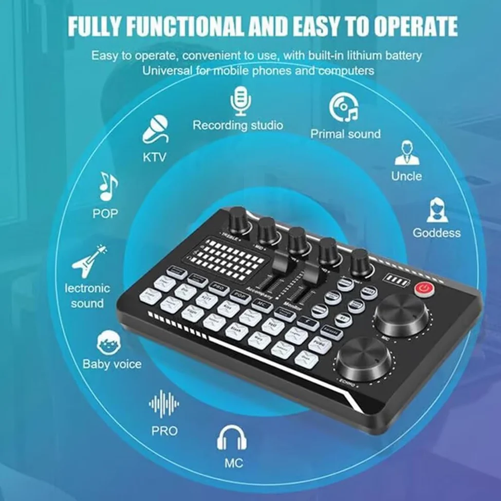 Scheda Audio Live con Effetti di Mixer e Cambiatore di Voce, F998 Mixer Audio, Scheda Audio Professionale con Luce LED, Molteplici Effetti Sonori e Cambiatore di Voce per Streaming,Black