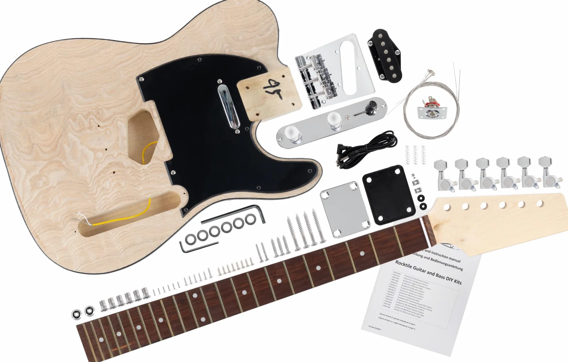 Rocktile Kit Chitarra Elettrica TL-Style - Kit DIY per Costruire la Tua Chitarra con Corpo in Paulownia, Manico in Acero, Tastiera in Palissandro, 2 Pickup Single-Coil, Incluso Hardware - Naturale